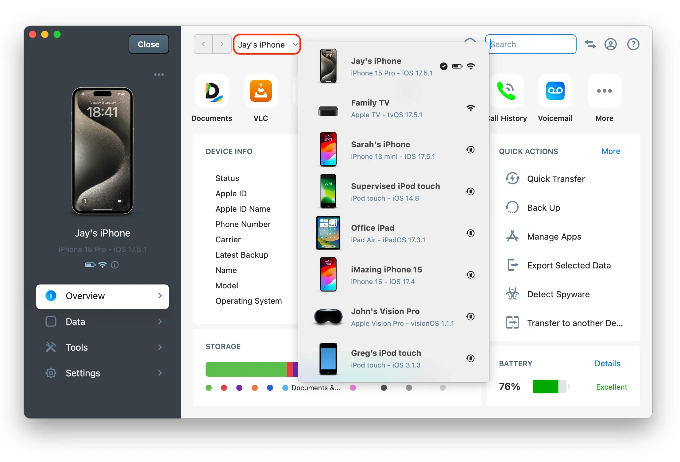iMazing 3 Devices Menu