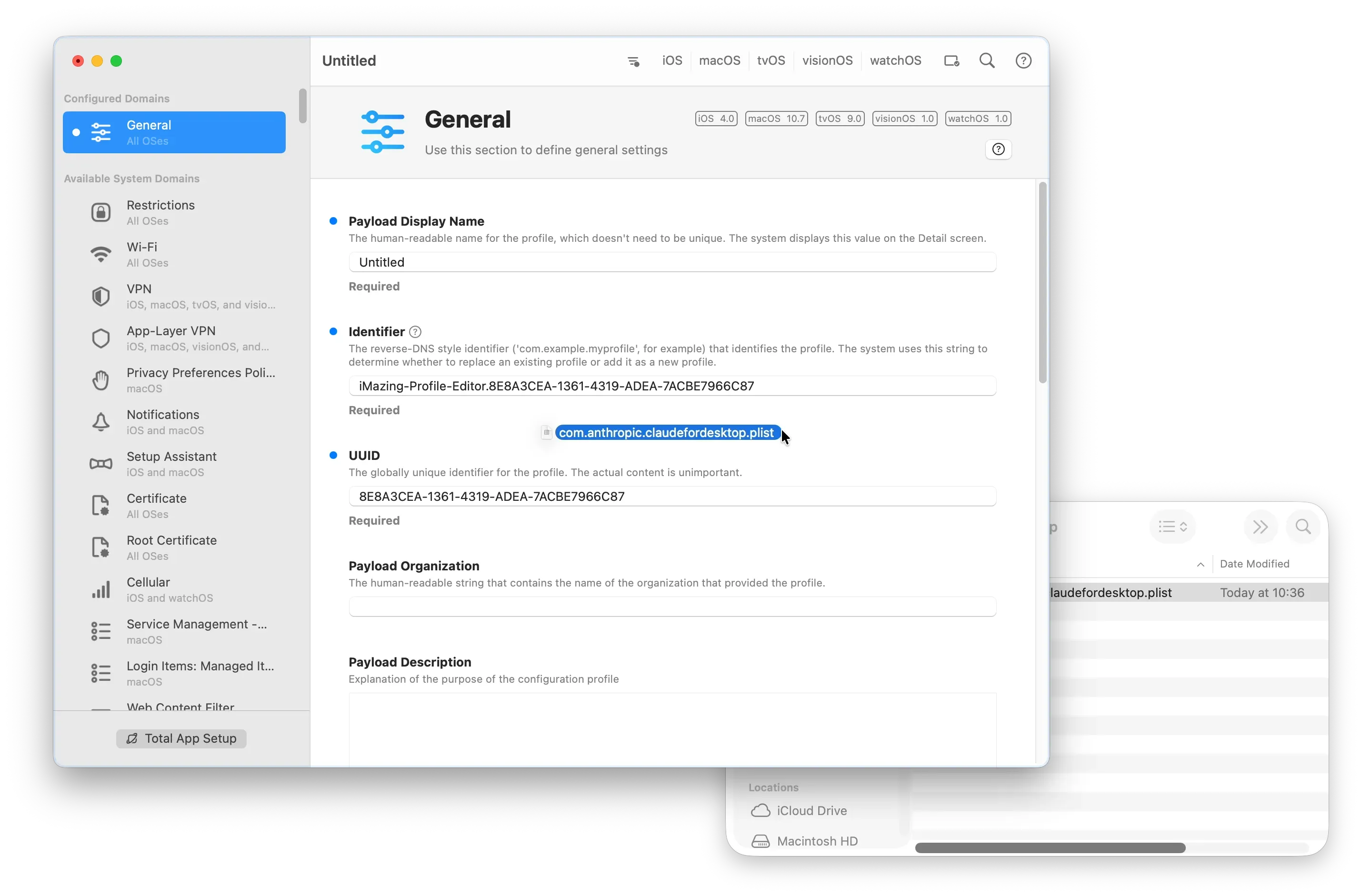 Screenshot of iMazing Profile Editor showing a General payload with the Identifier field highlighted. A plist file named 'com.anthropic.claudefordesktop.plist' is being dragged in from a Finder window visible in the background, illustrating drag and drop from Finder into the profile editor.