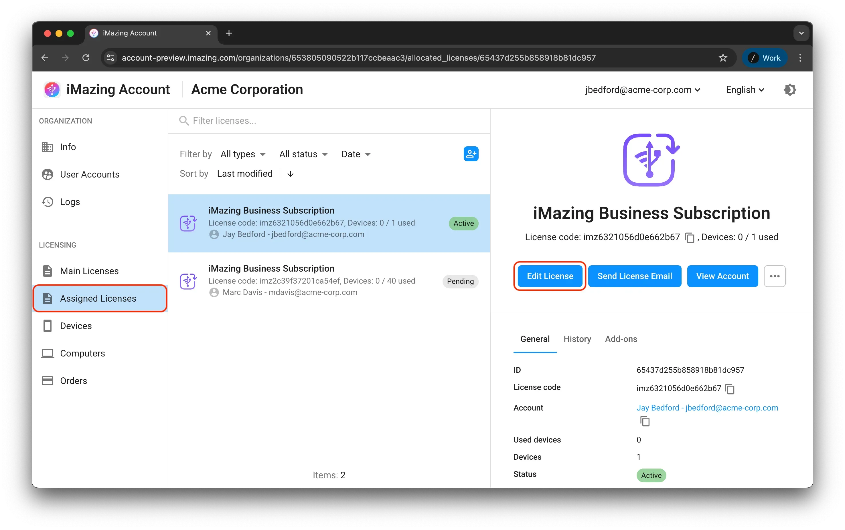 Edit assigned license
