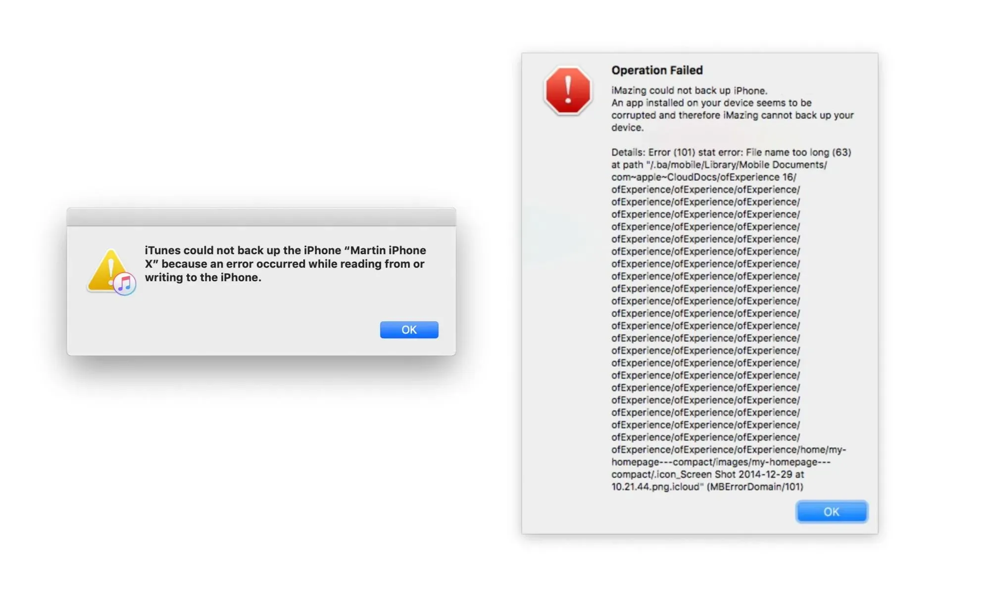 unhelpful versus helpful iOS backup error messages