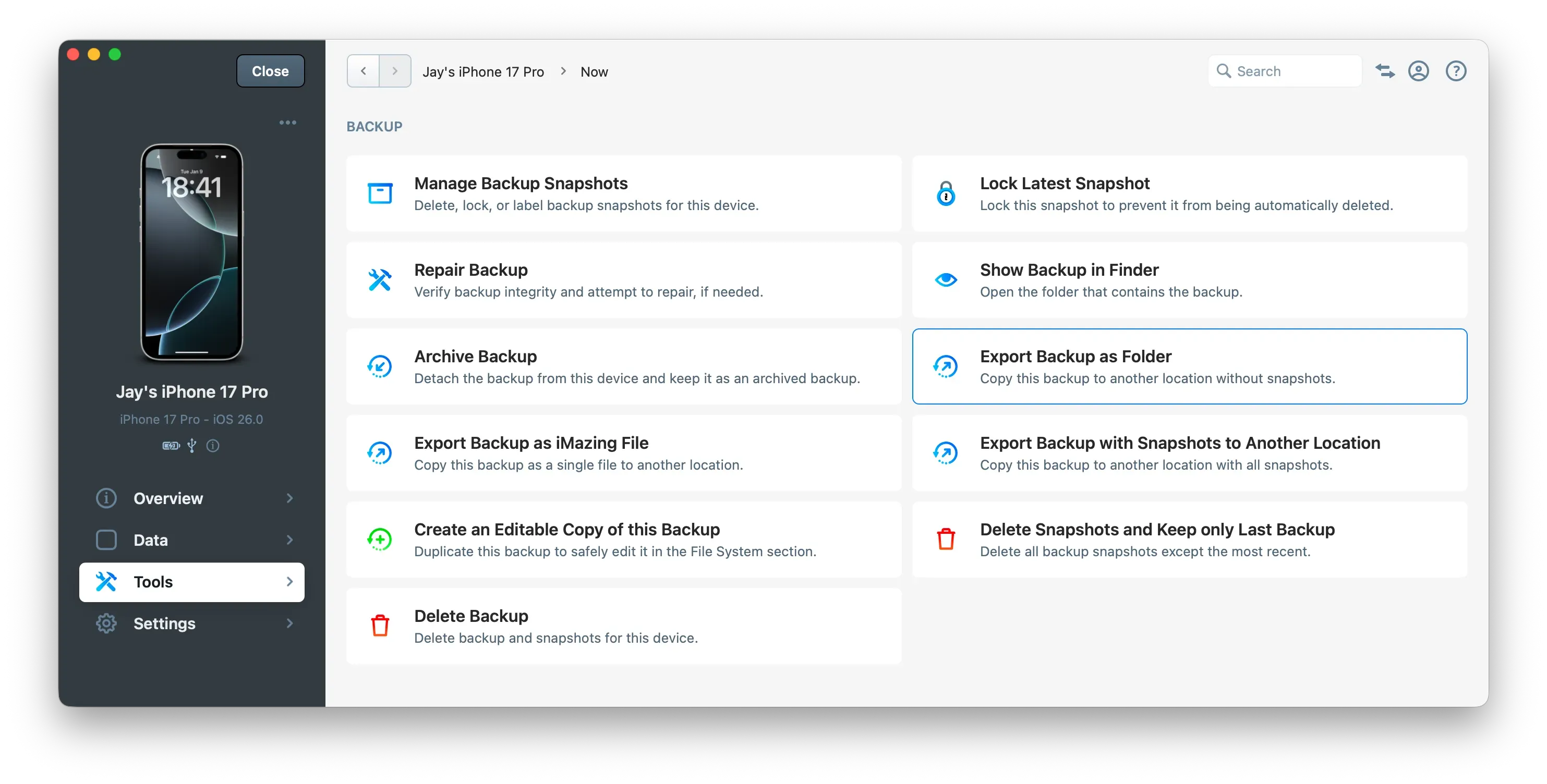 iMazing Export Backup as Folder Action
