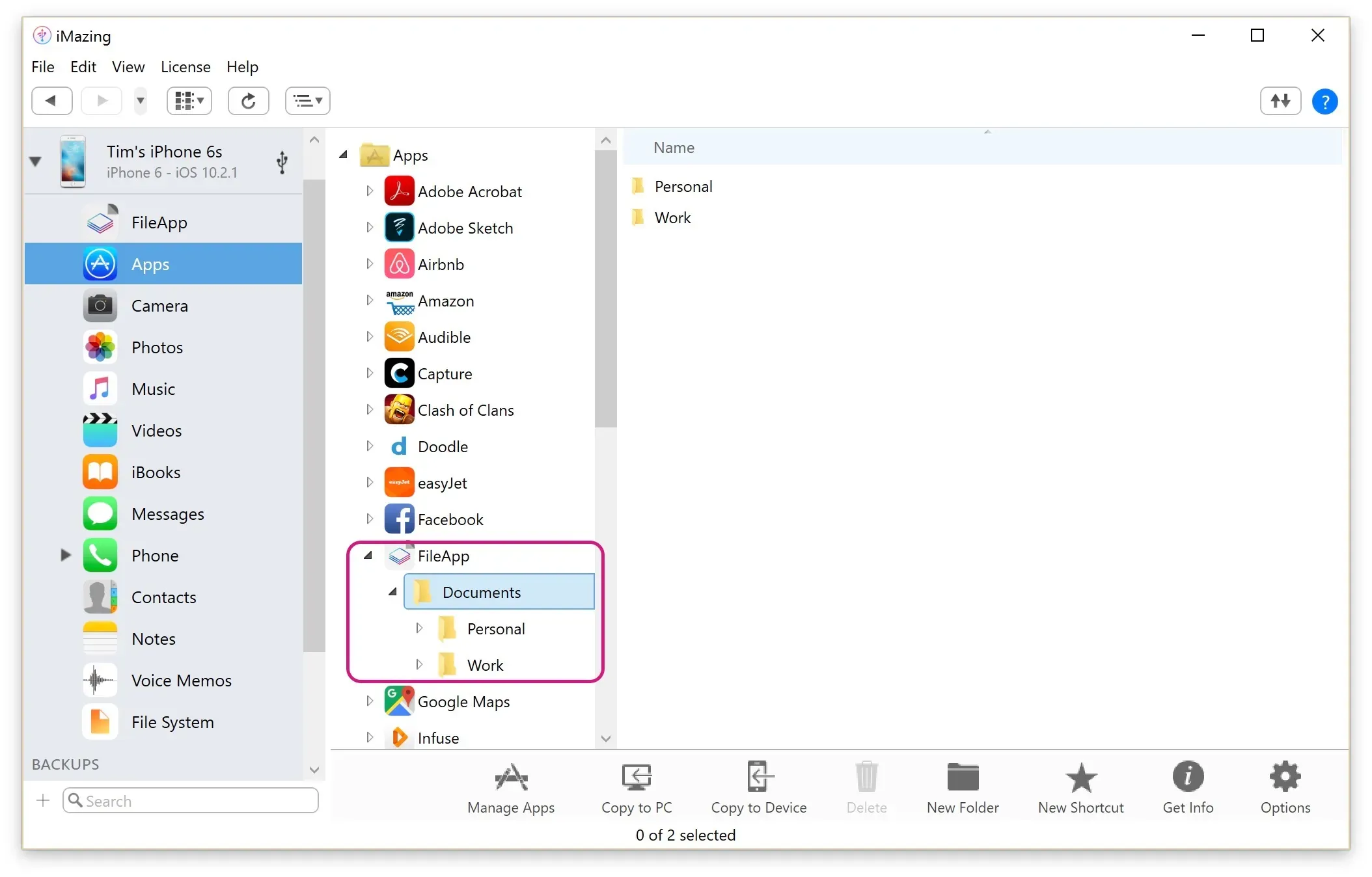 iMazing apps view with fileapp selected 