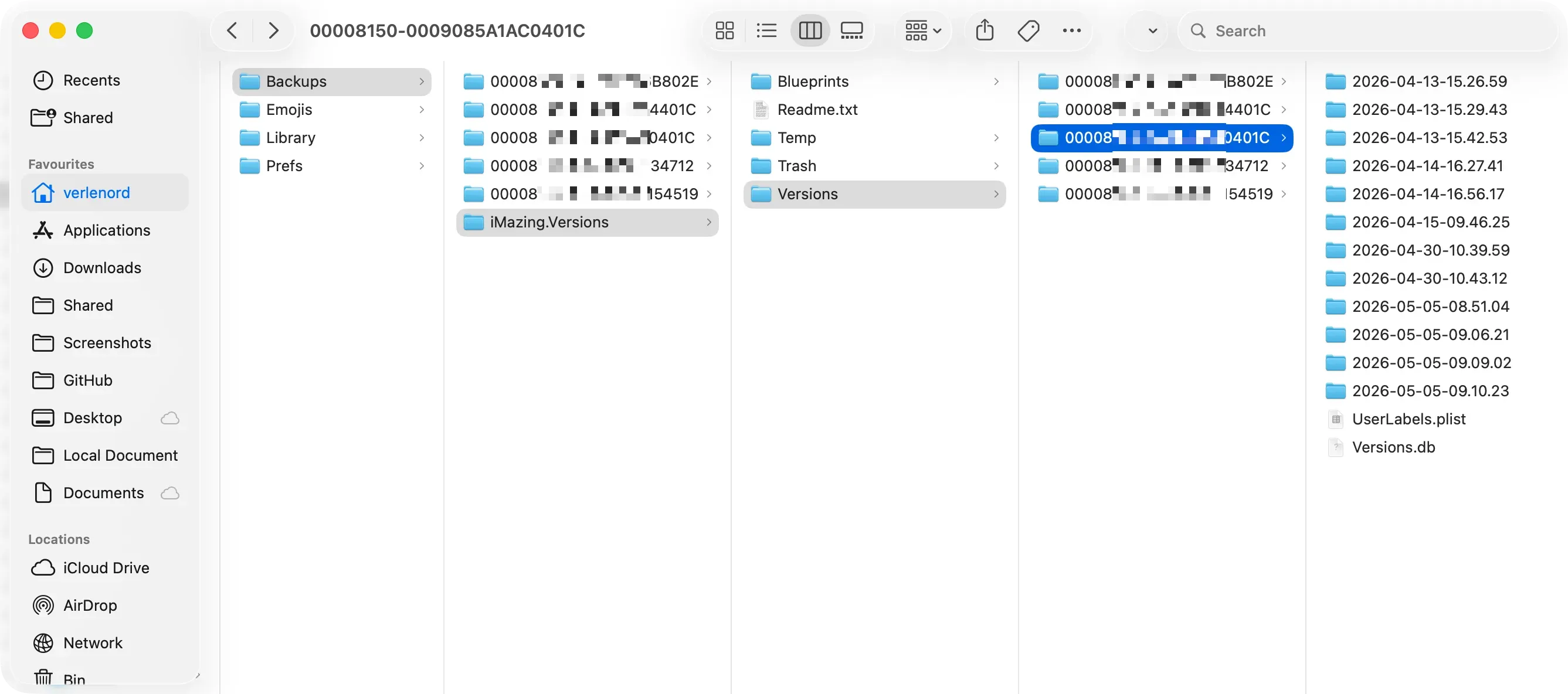 macOS Finder in column view showing the iMazing.Versions folder structure with Backups, device UDID folders, and subfolders including Blueprints, Temp, Trash, and Versions