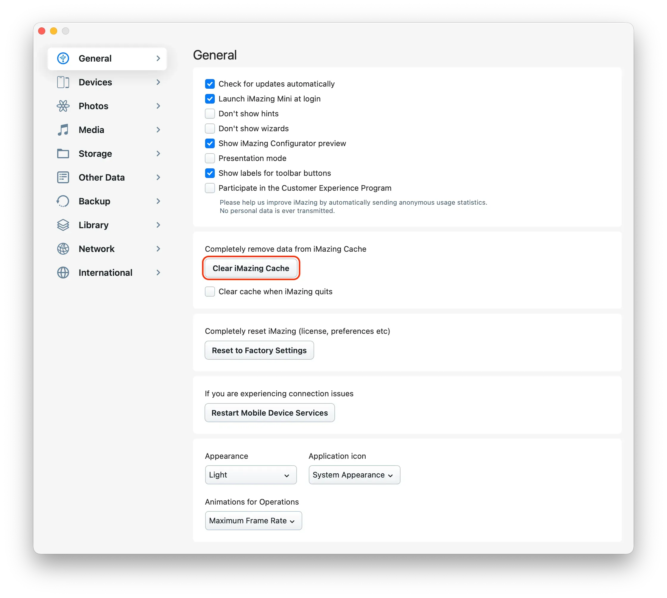 iMazing General preferences