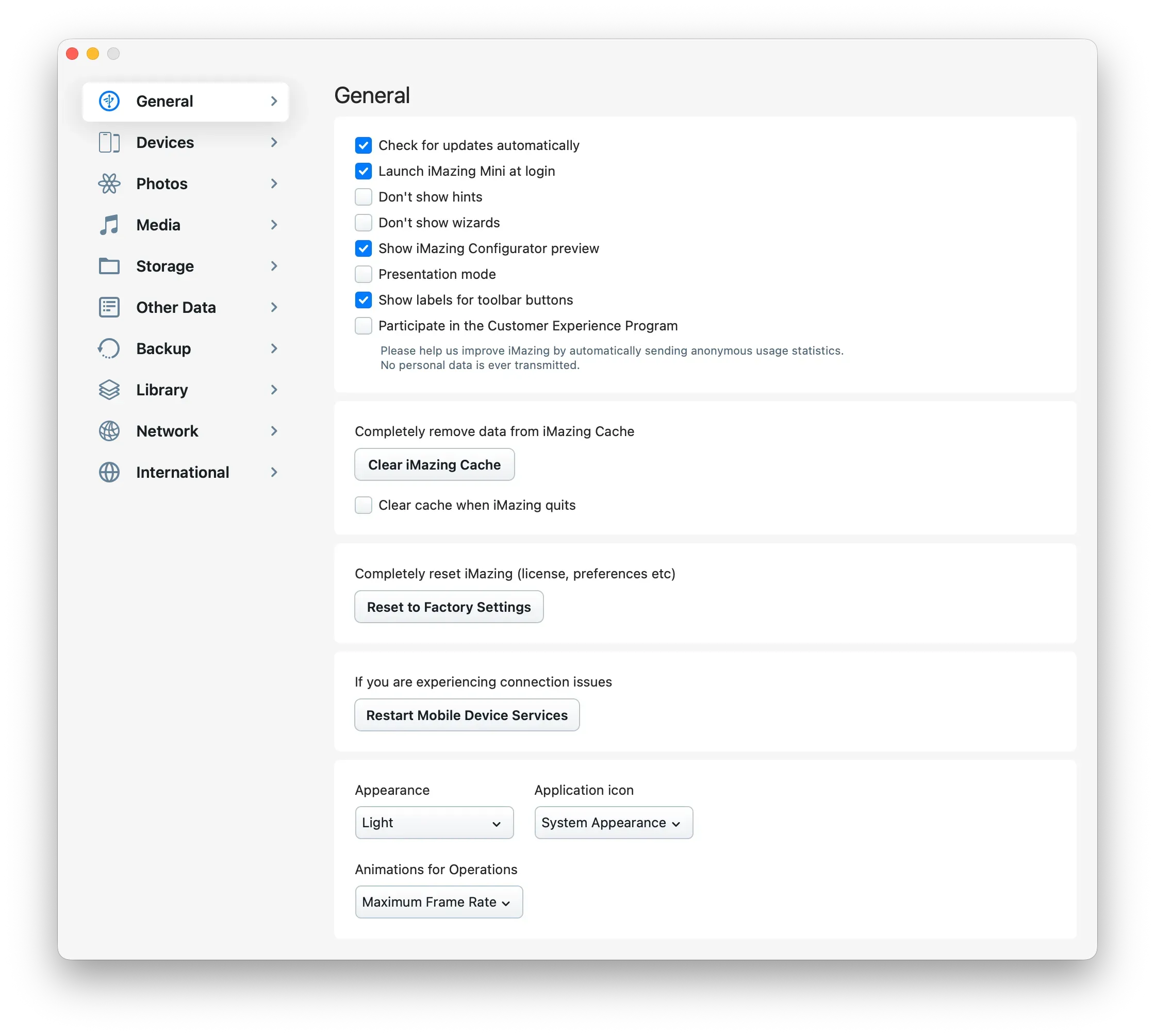iMazing Preferences - General