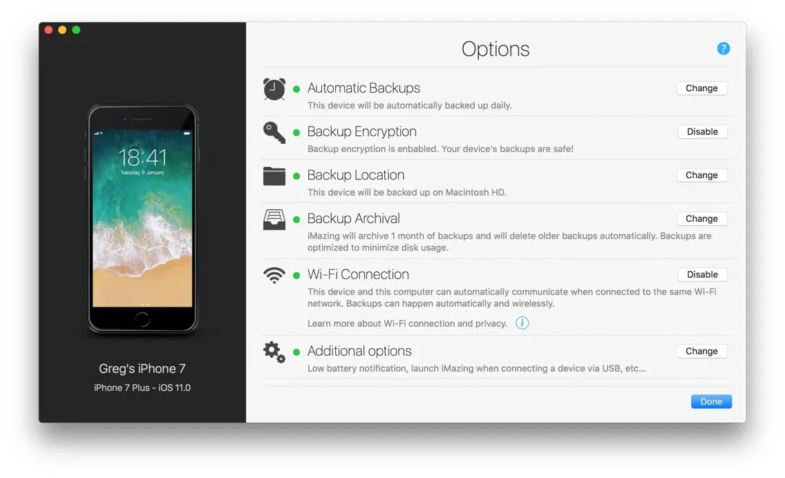 iMazing Backup Options Screen