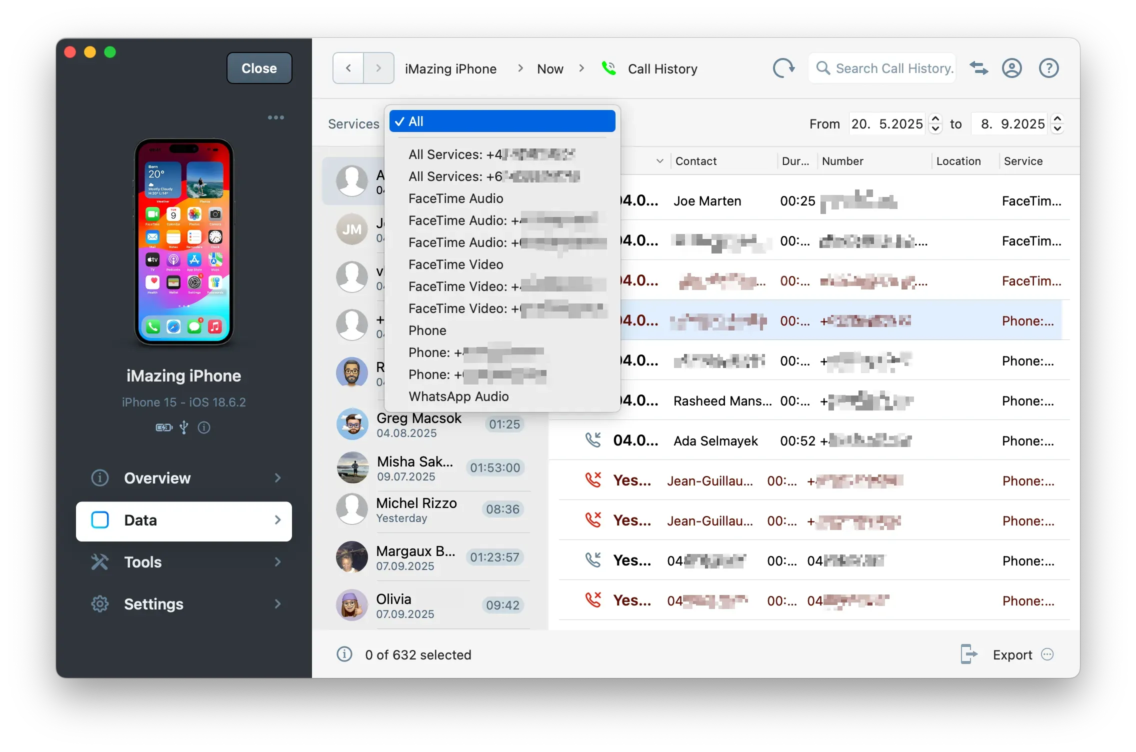 iMAzing 3.4 Call History showing services filter