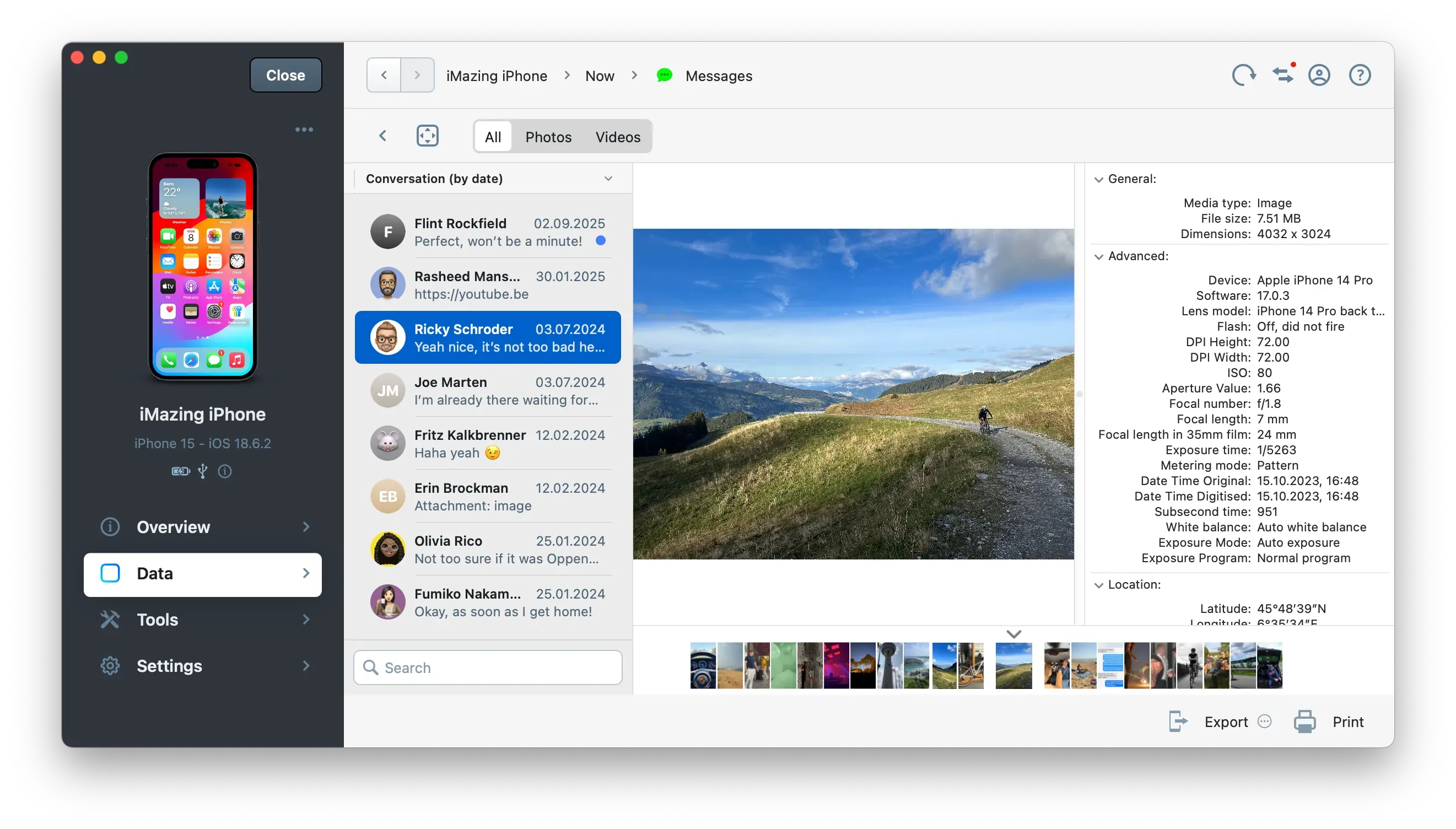 iMazing 3.4 Messages view showing photo, details and carrousel