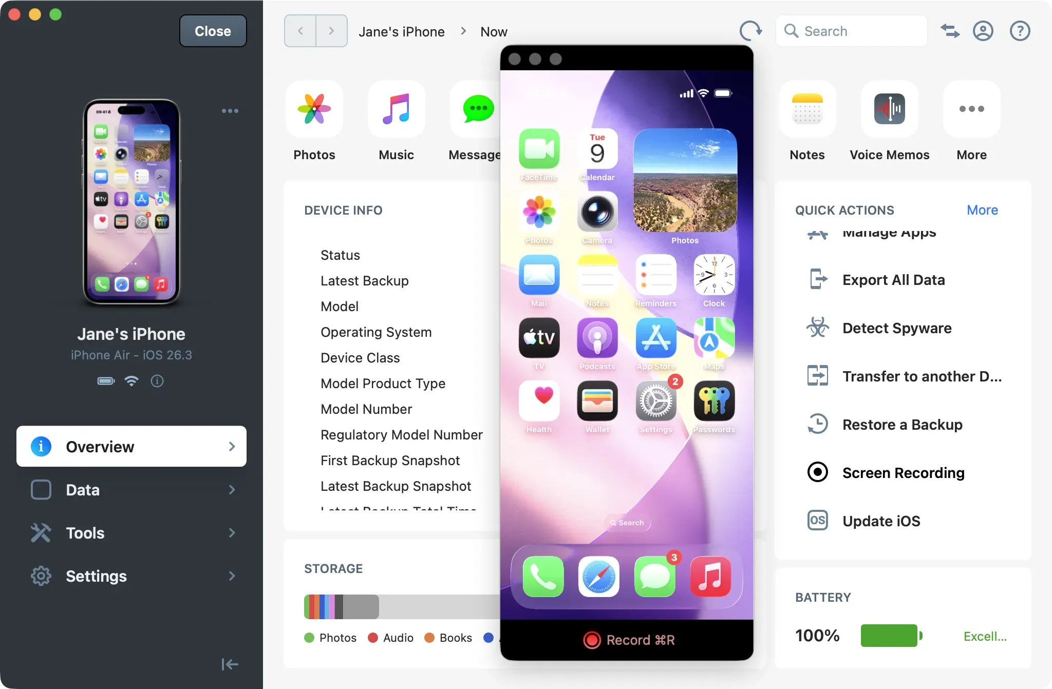 iMazing 3.5 showing the new HD Screen Recording feature on macOS.