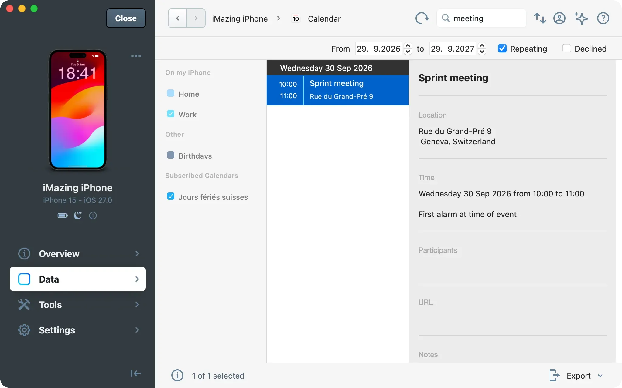 iMazing Calendar with meeting typed in Search Calendars, a From and to date range, Repeating checked and one event selected