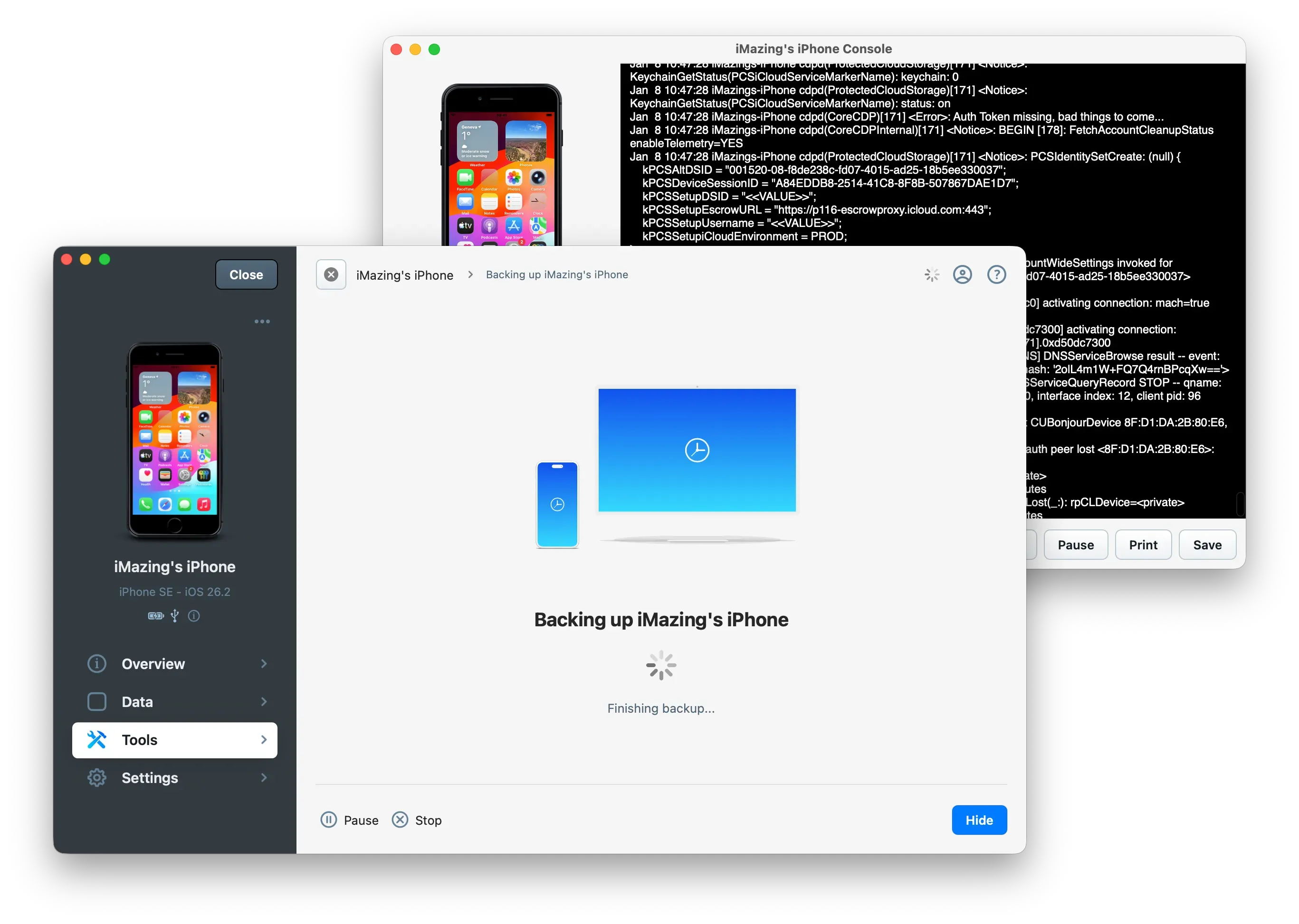 iMazing backup screen with console log in background
