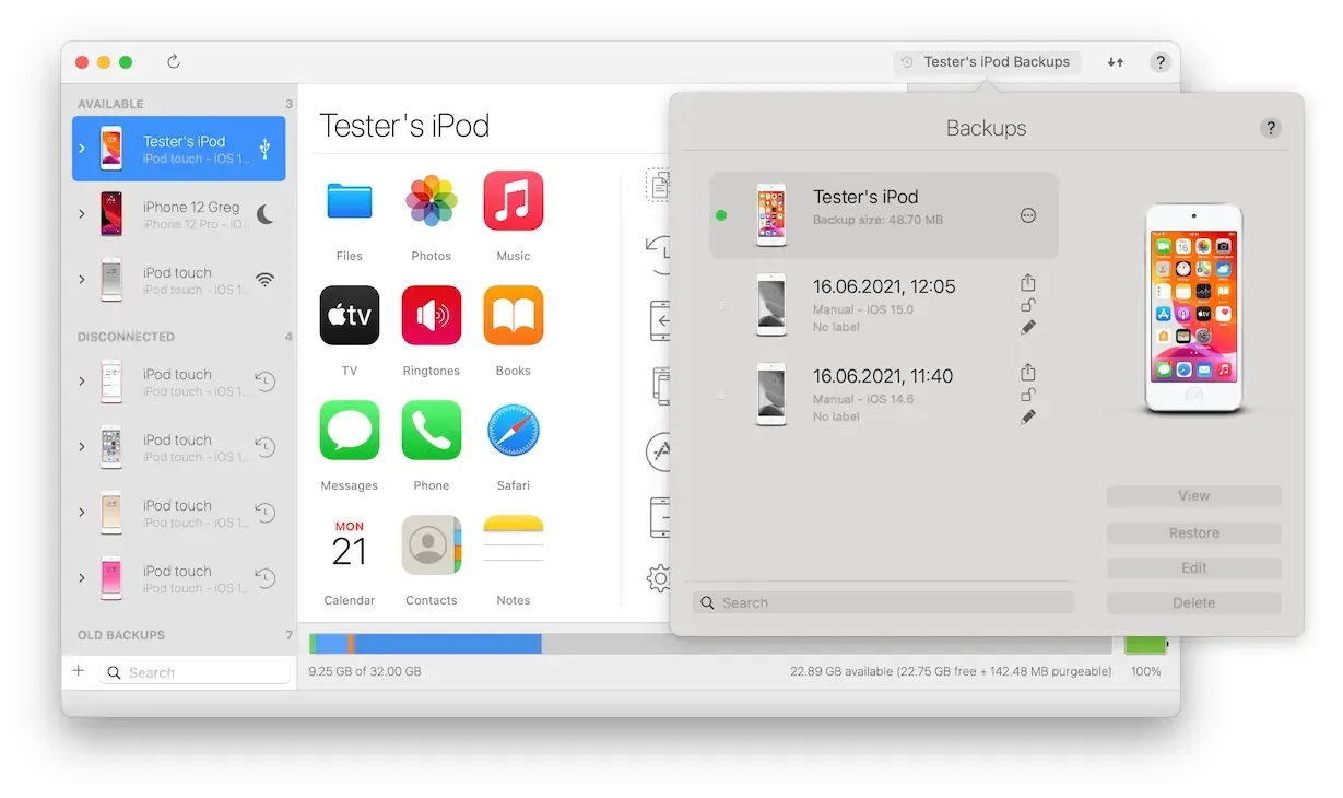 iMazing Backups Popup: Versioned Snapshots