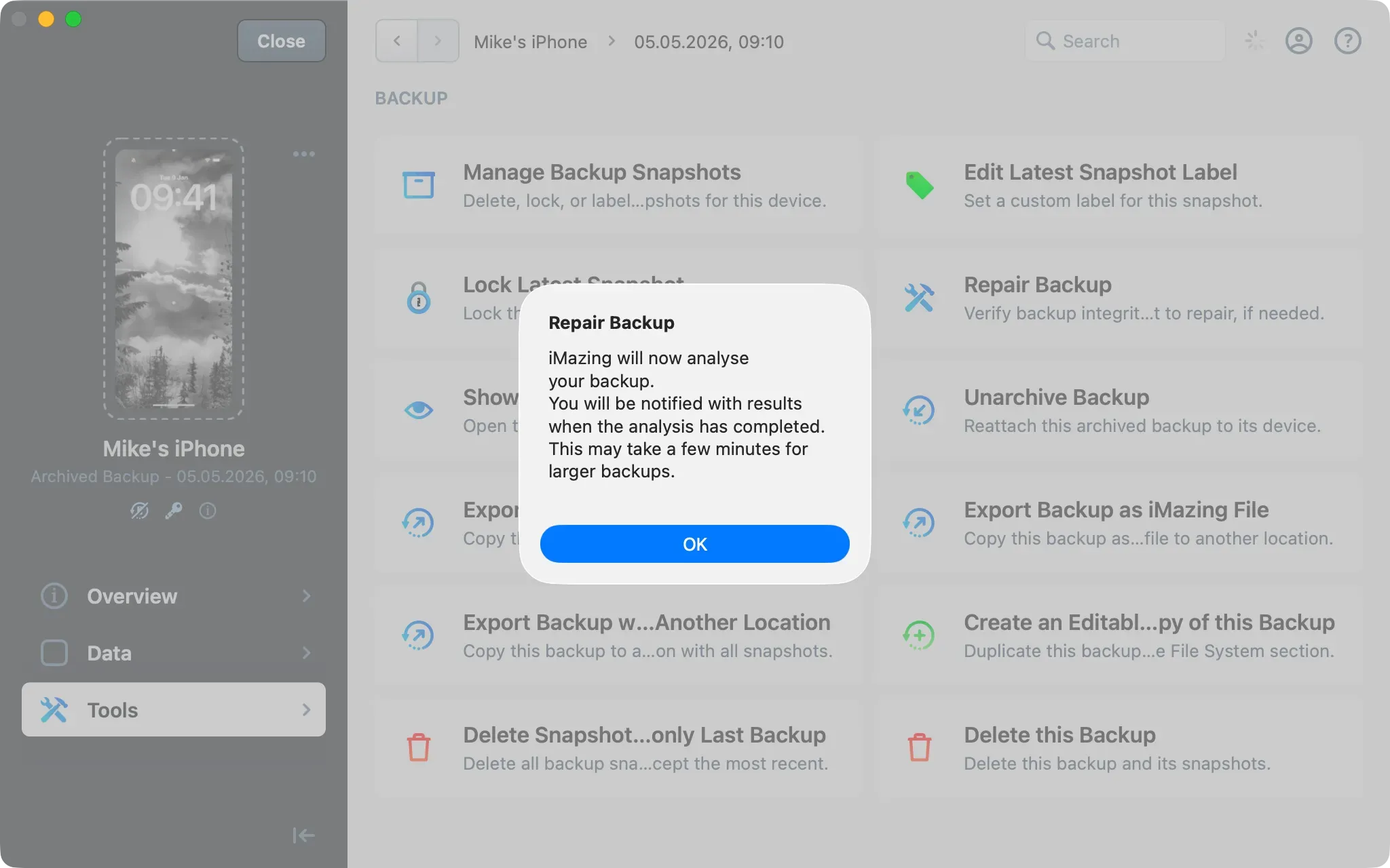 iMazing Repair Backup confirmation dialog stating the backup will be analyzed and results notified when complete