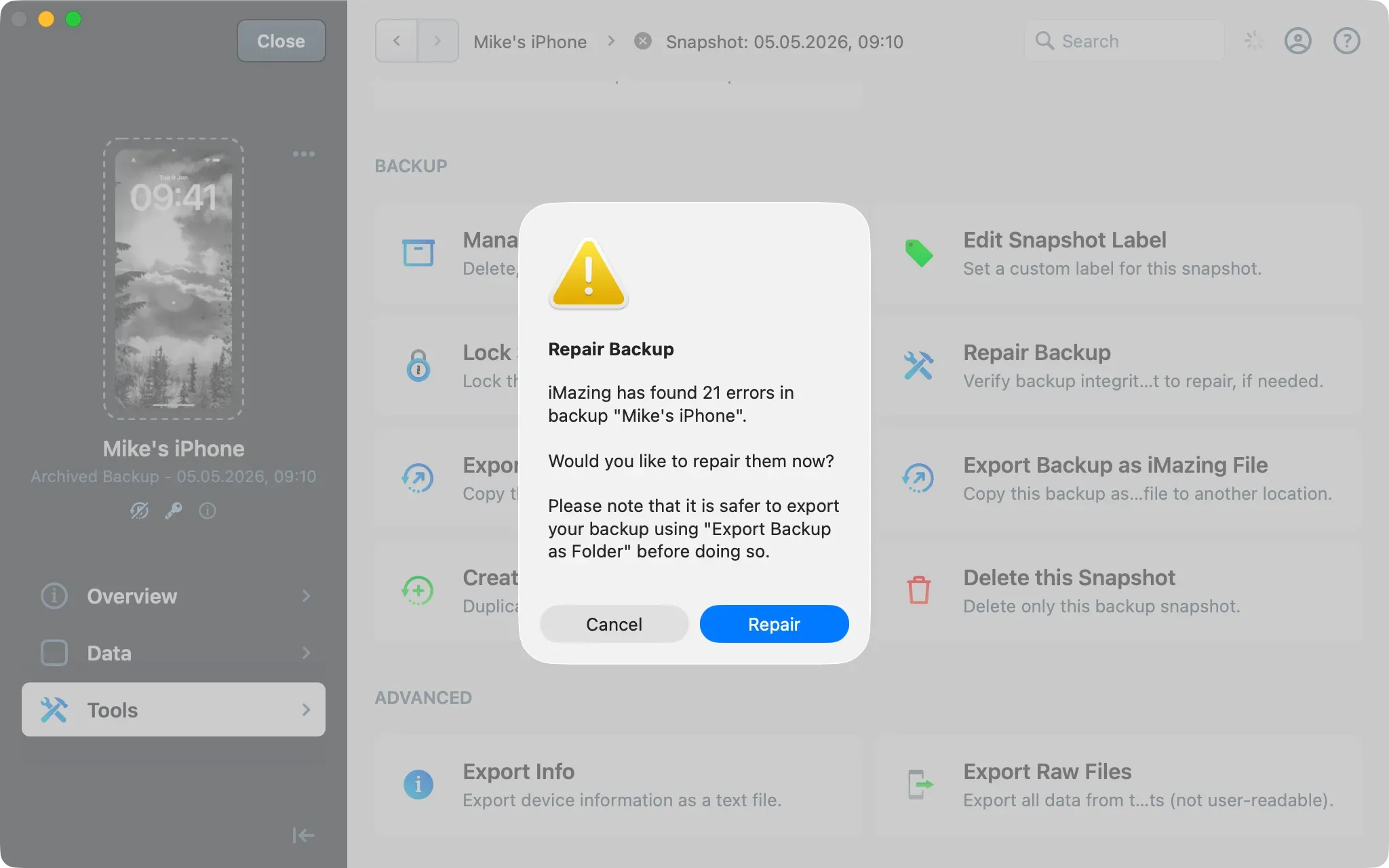 iMazing Repair Backup dialog reporting 21 errors found and prompting to repair with a recommendation to export the backup first