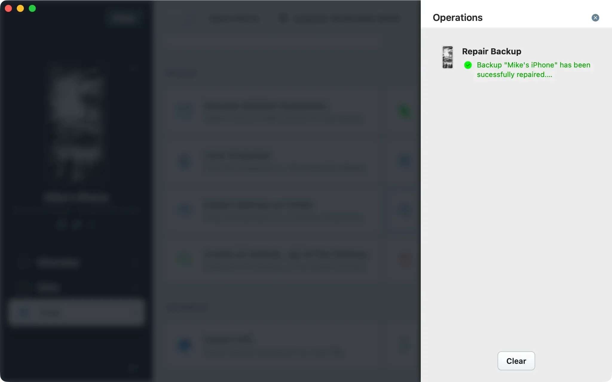 iMazing Operations Panel showing a successful Repair Backup completion for an iPhone backup