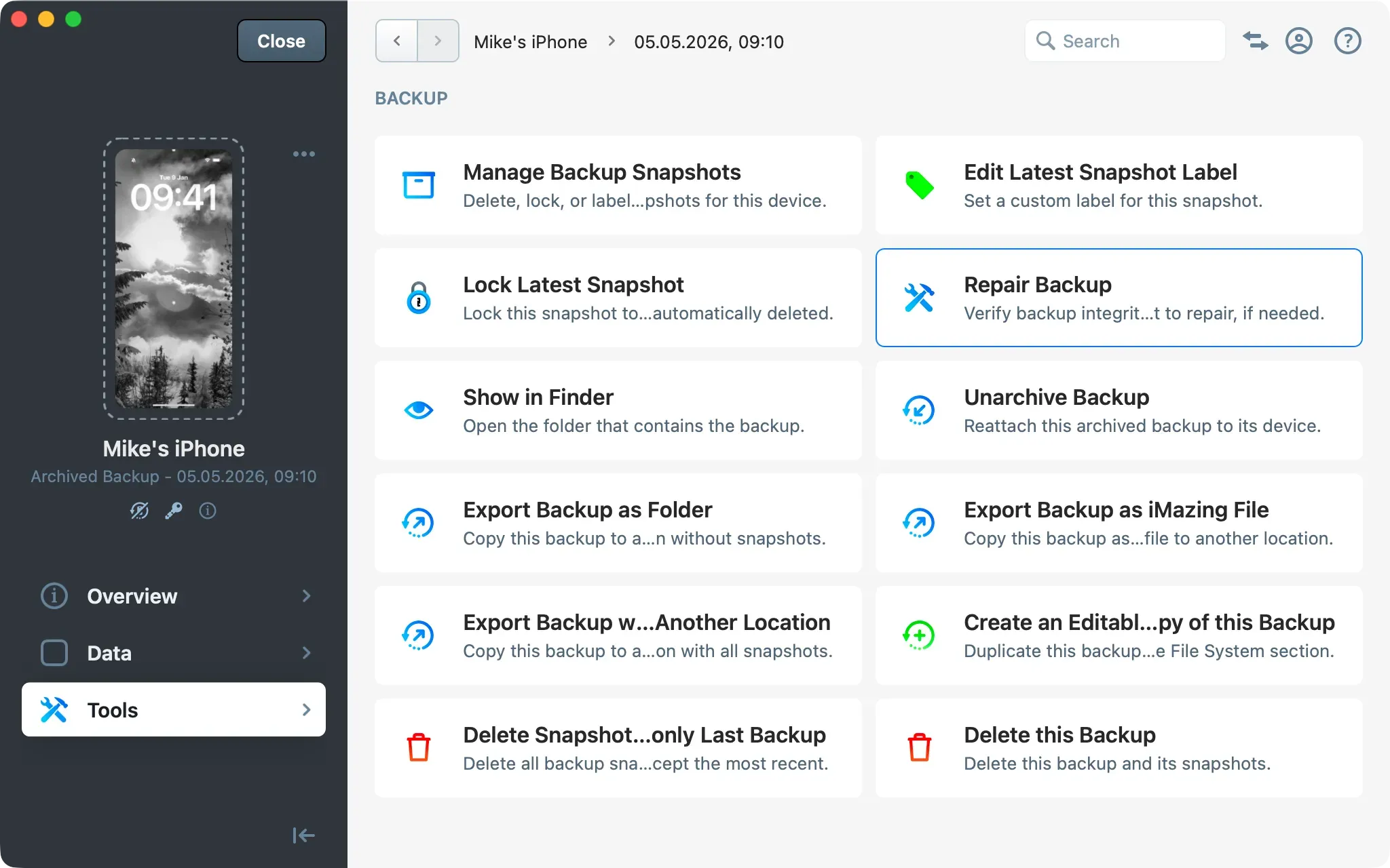 iMazing Tools panel for an archived backup showing backup management actions with Repair Backup highlighted