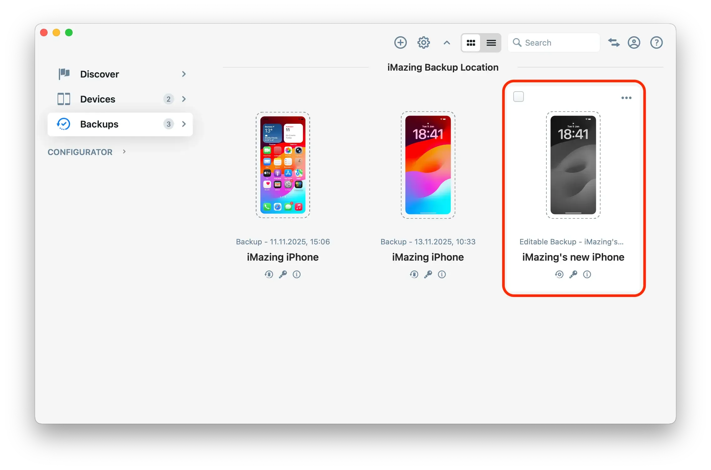 iMazing's main view with editable backup in sidebar