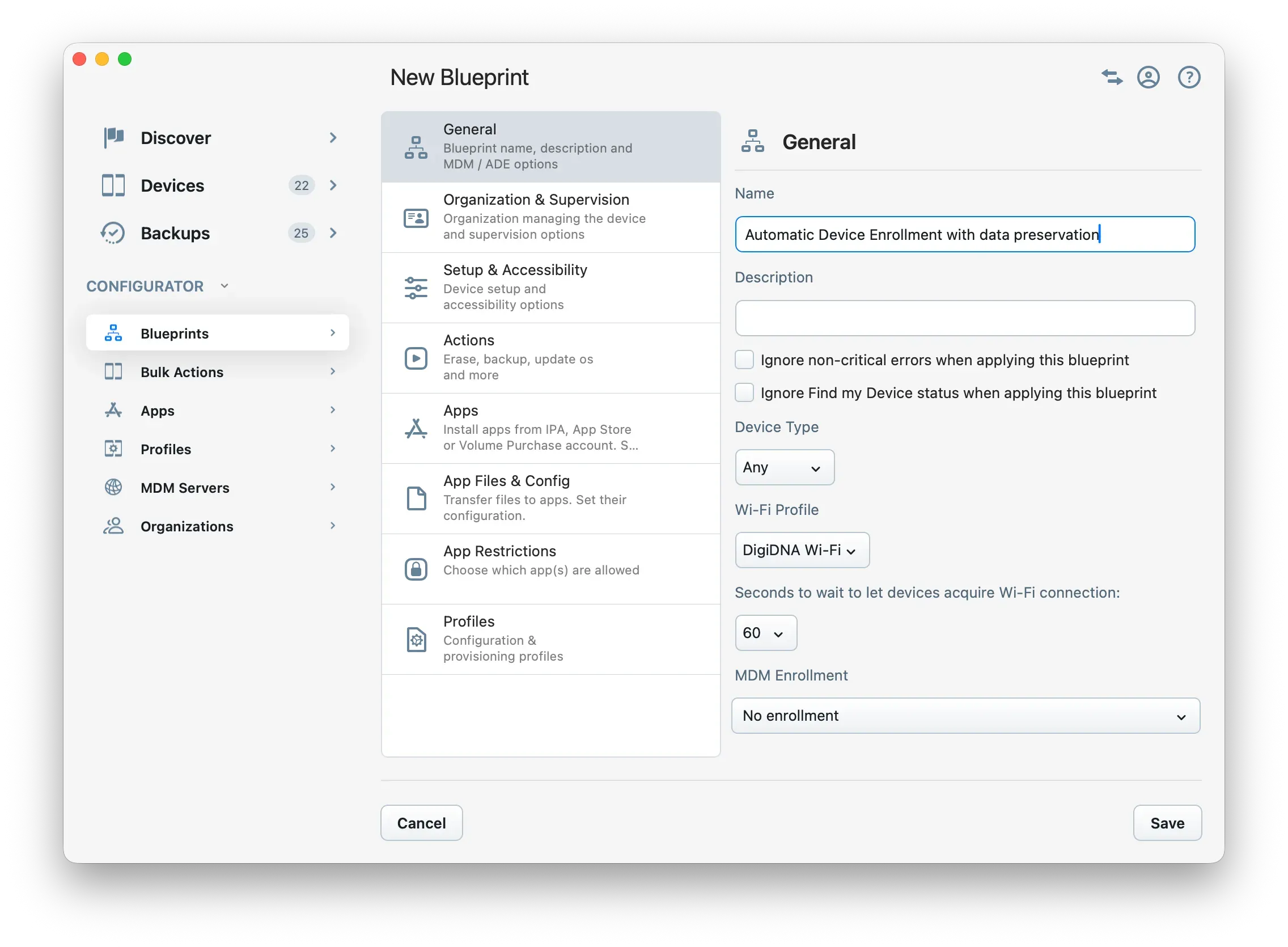 New Blueprint General tab with ADE enrollment and no erase setting