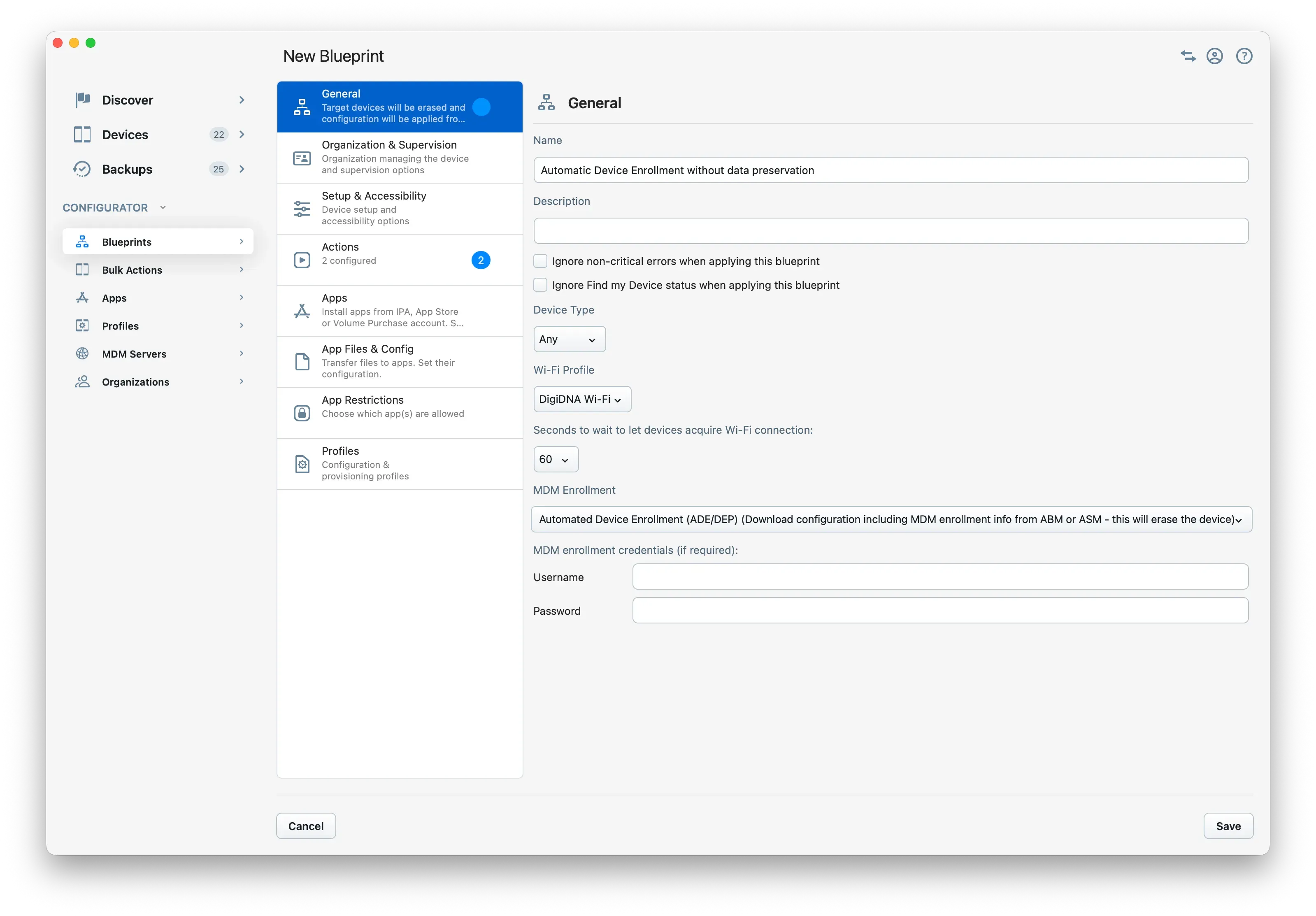 New Blueprint General tab with Automated Device Enrollment (ADE/DEP) selected