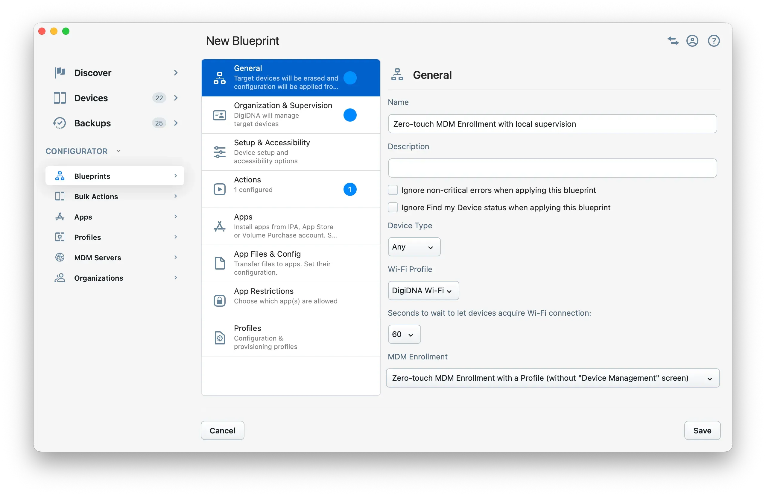 New Blueprint General tab with Zero-touch MDM Enrollment with a Profile selected