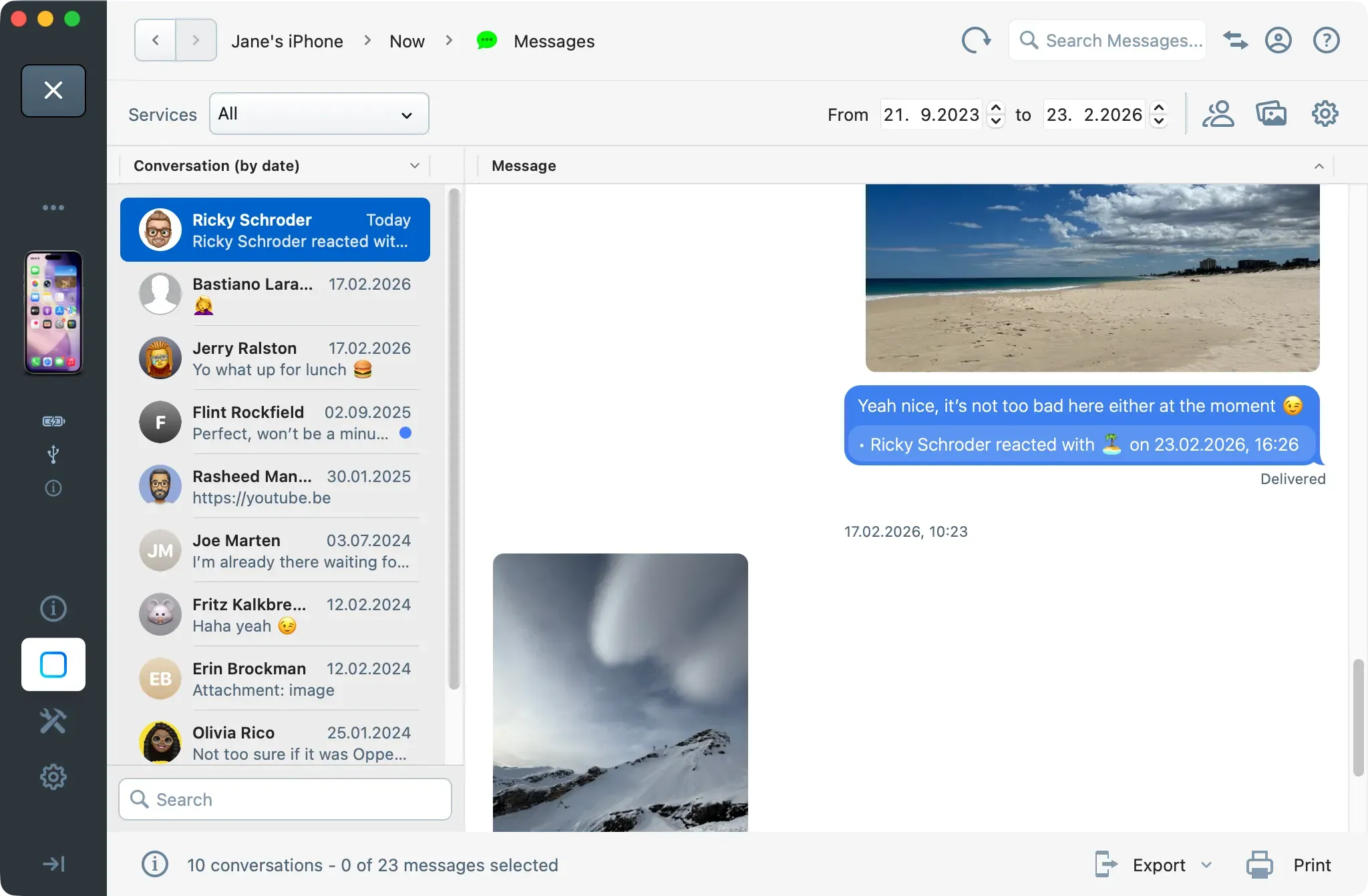 iMazing 3.5 Messages main window with the sidebar collapsed and a custom reaction.