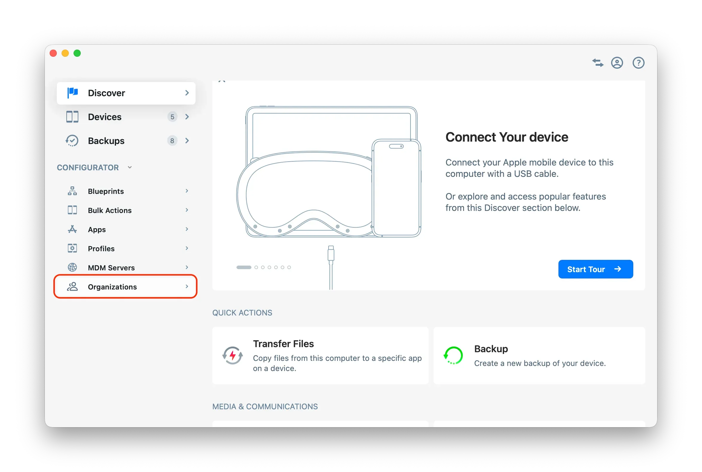 iMazing Configurator with Organization selected