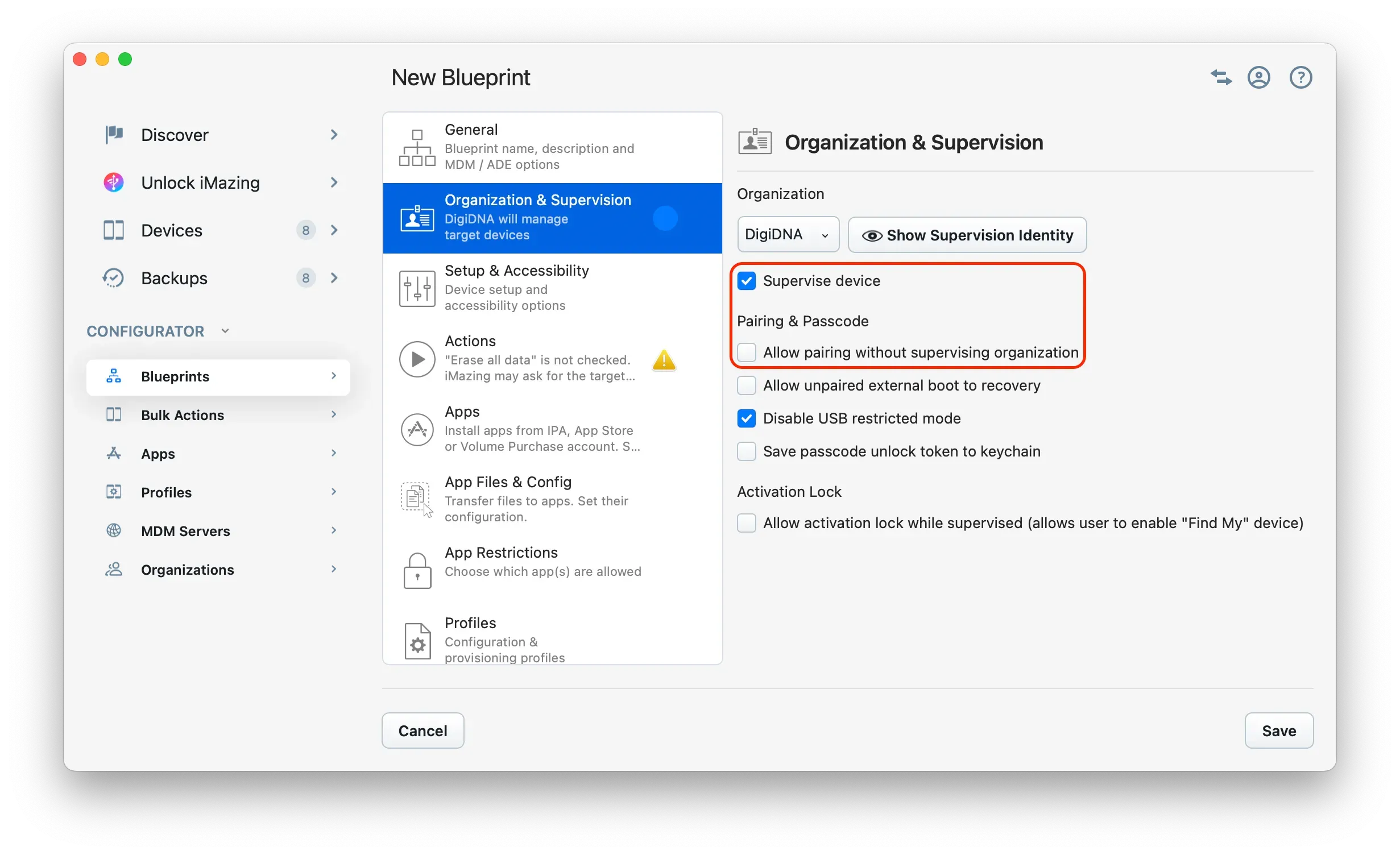iMazing Configurator's option: "Allow pairing without supervising organization"