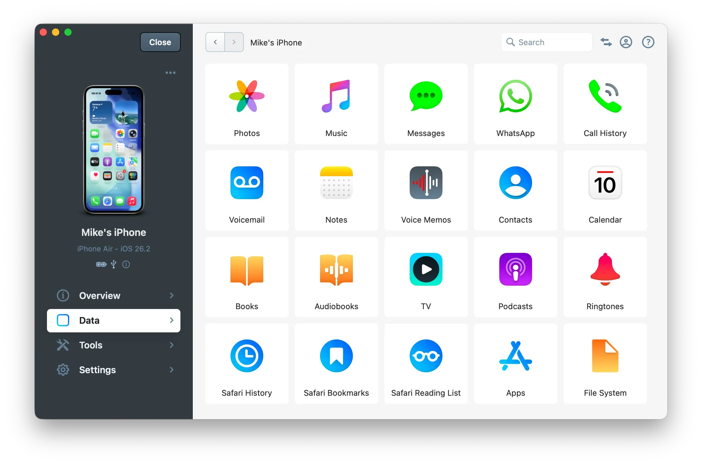 iMazing All Datasets view for a device