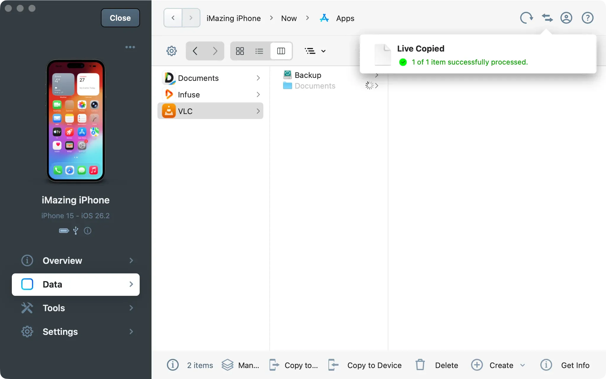 iMazing file transfer to VLC