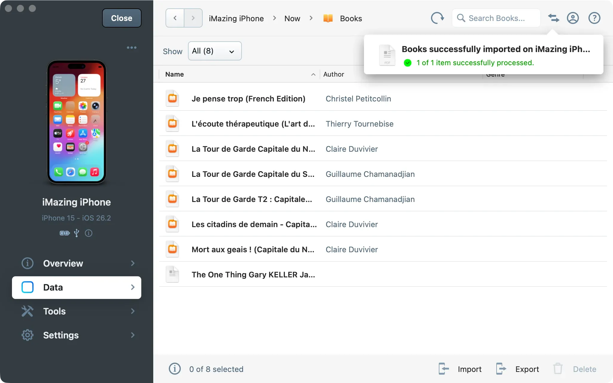 iMazing Books view with successful import