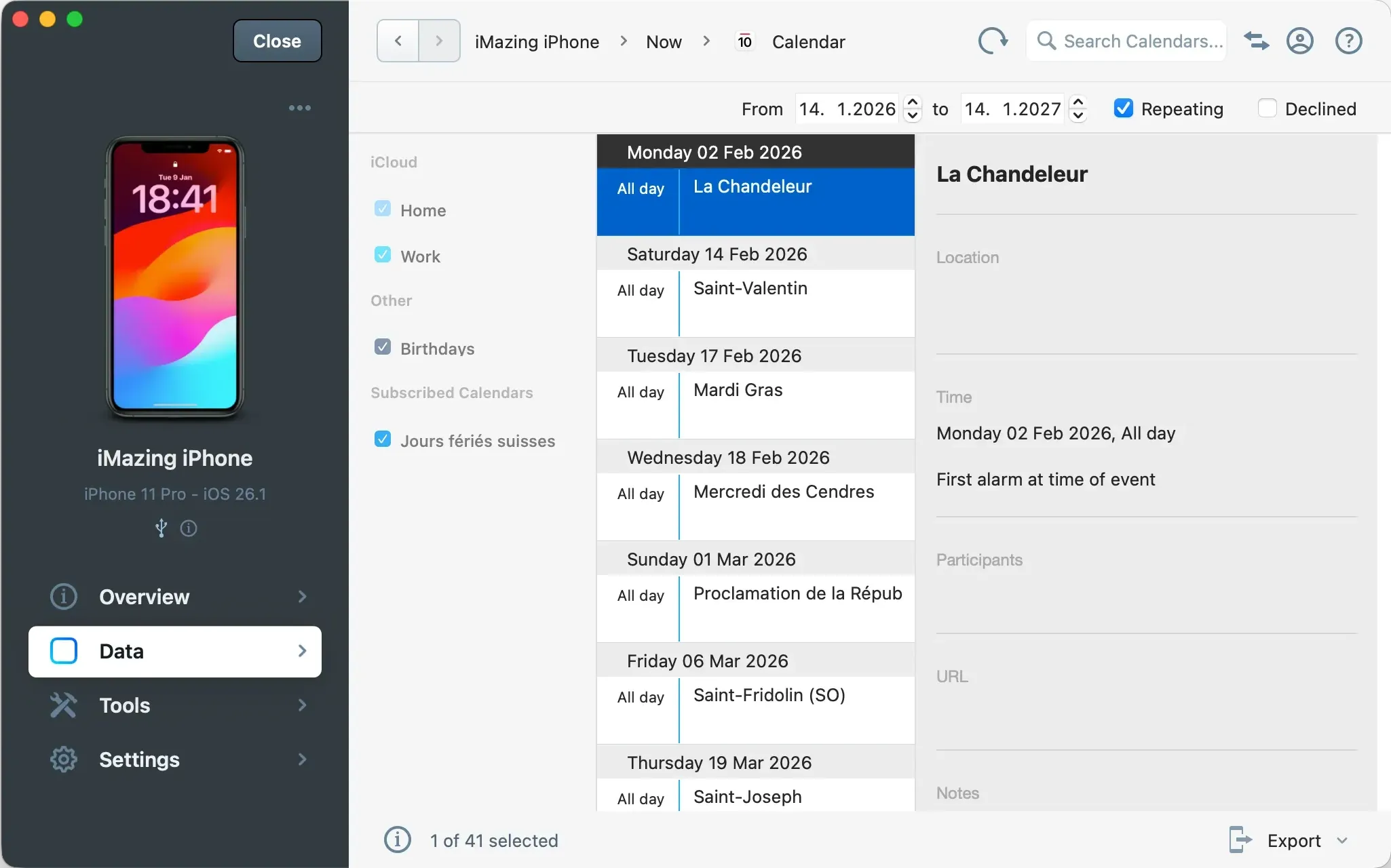 iMazing Calendar view