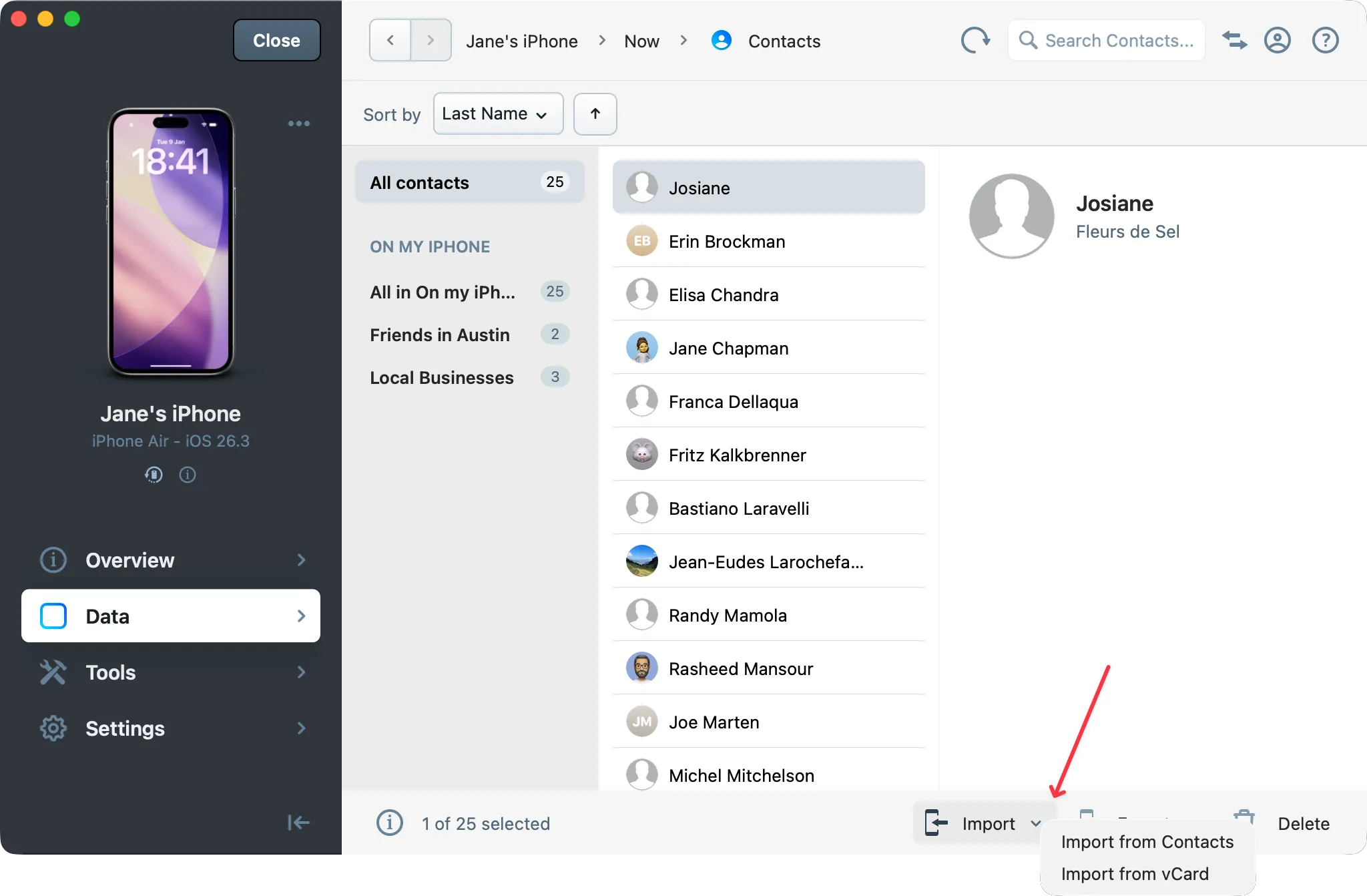 iMazing Contact view with import selected