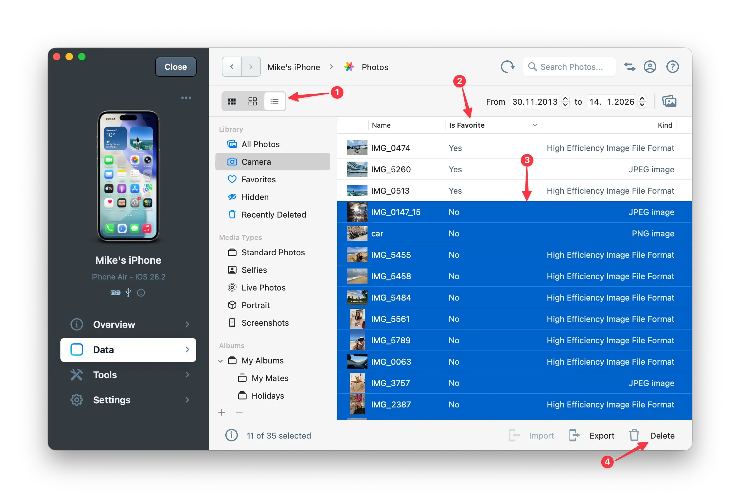 iMazing Photos section with selected items and sort by 'Is Favorite'