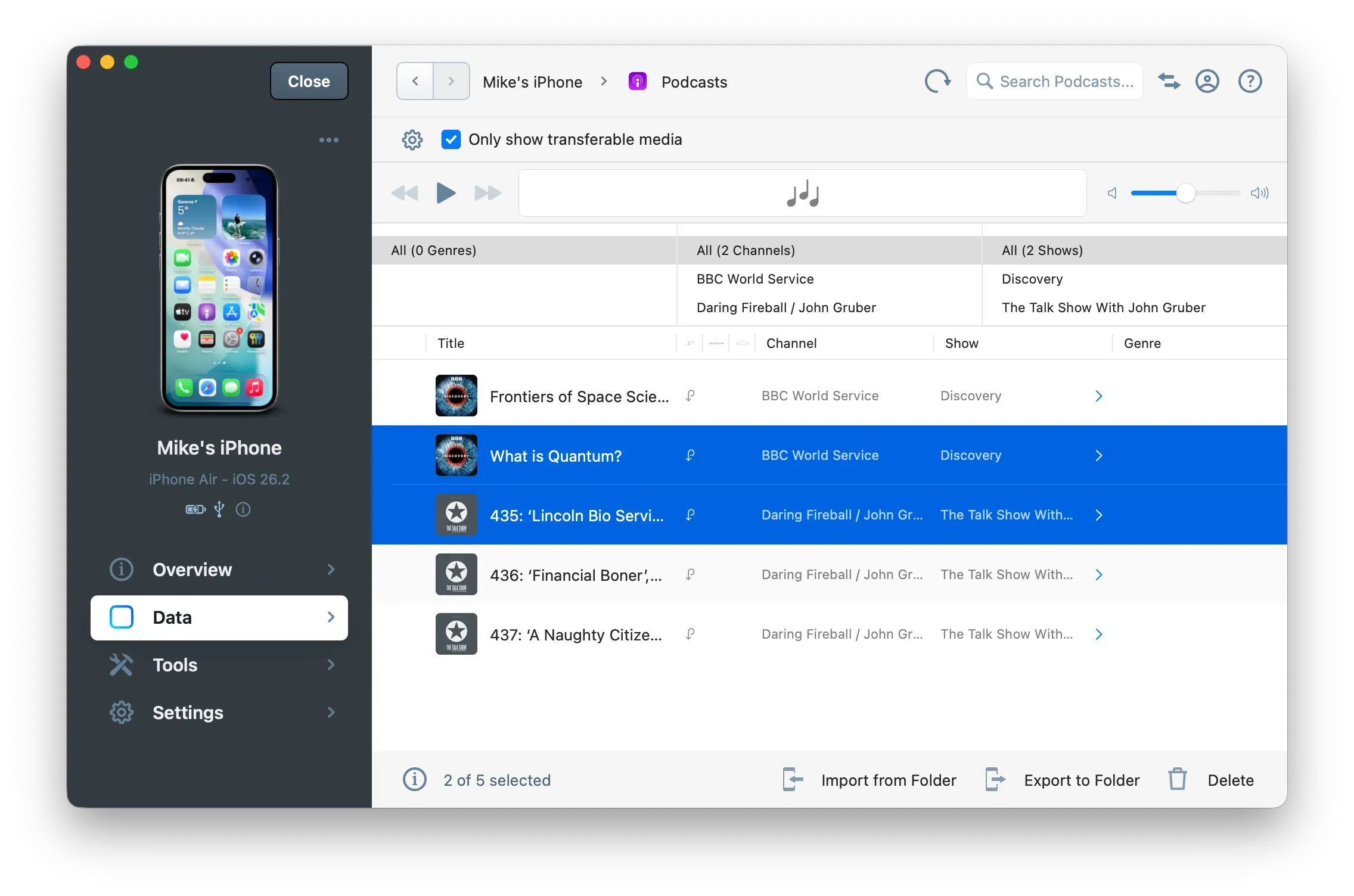 iMazing Podcasts View, Selection