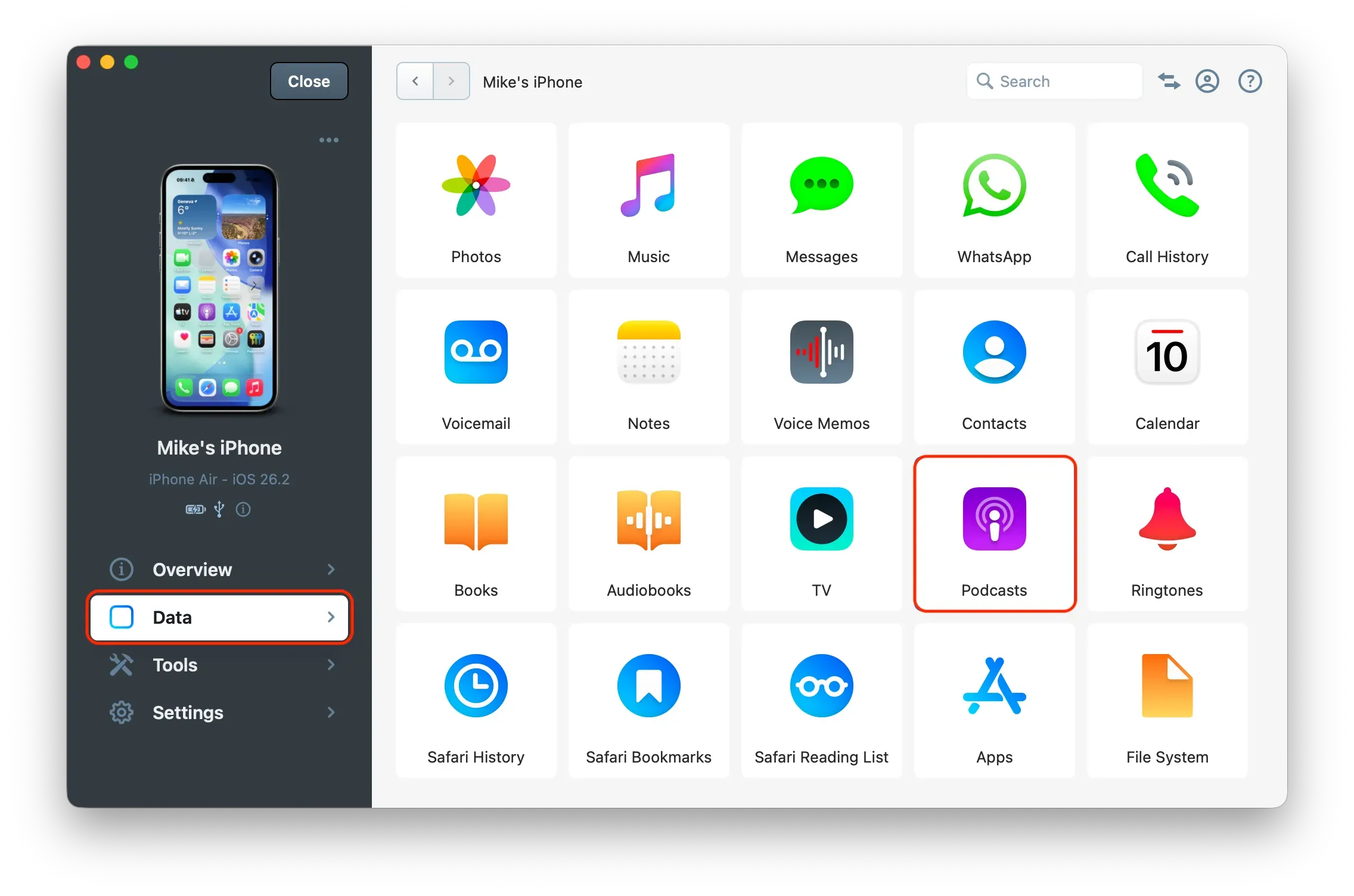 iMazing Data view with Podcast section highlighted