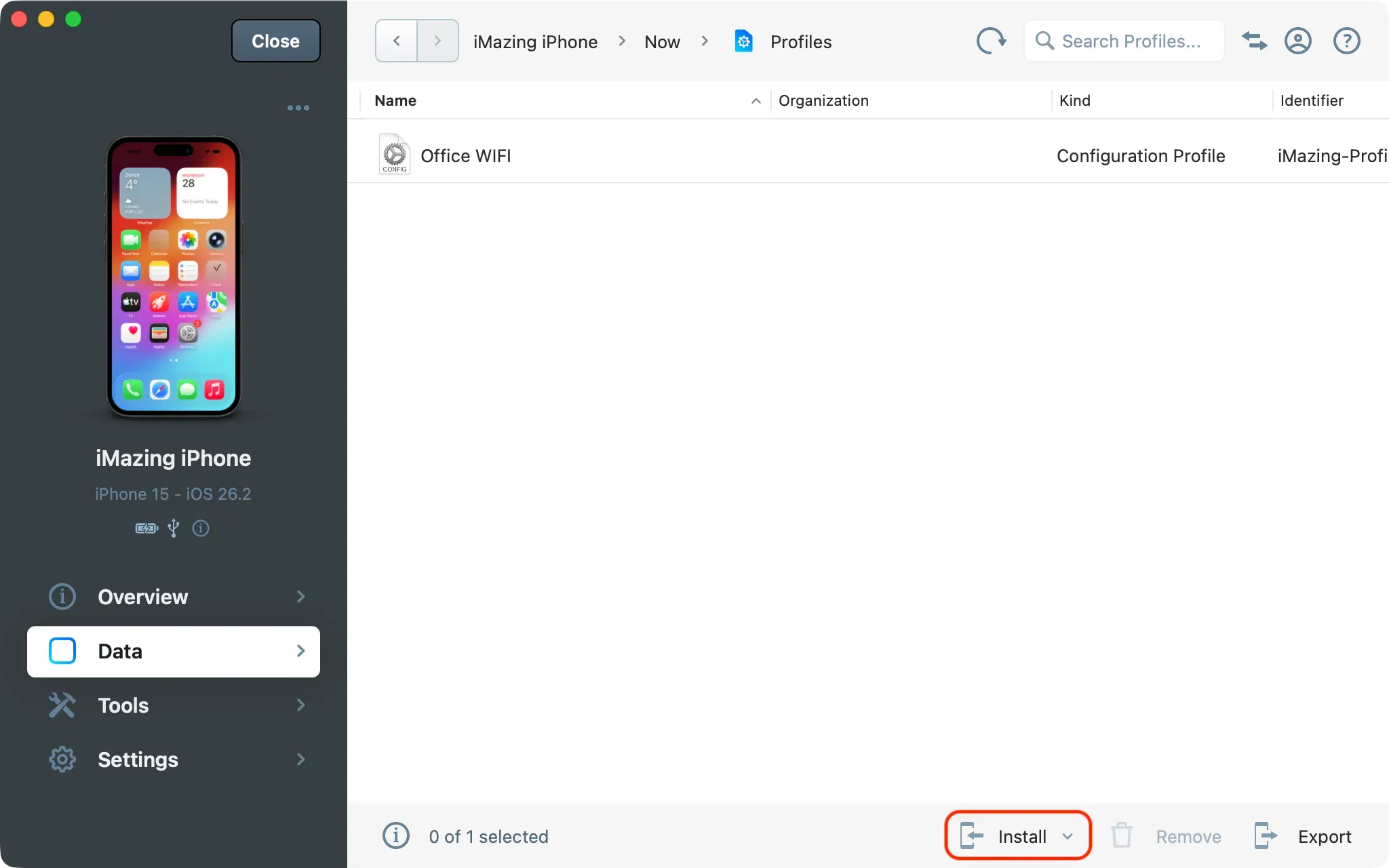 iMazing list of Profiles on the device