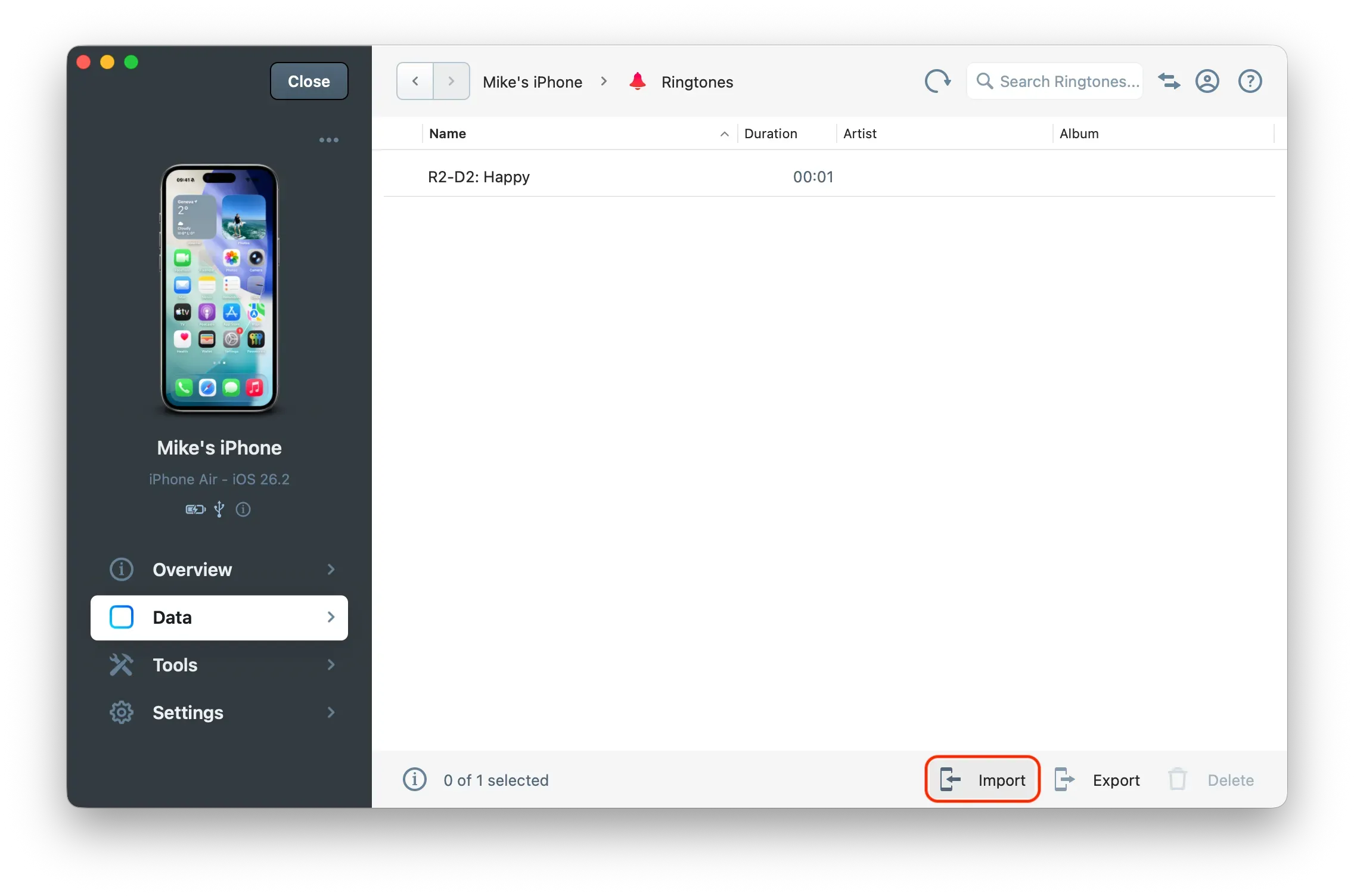iMazing Ringtones with import button selected 