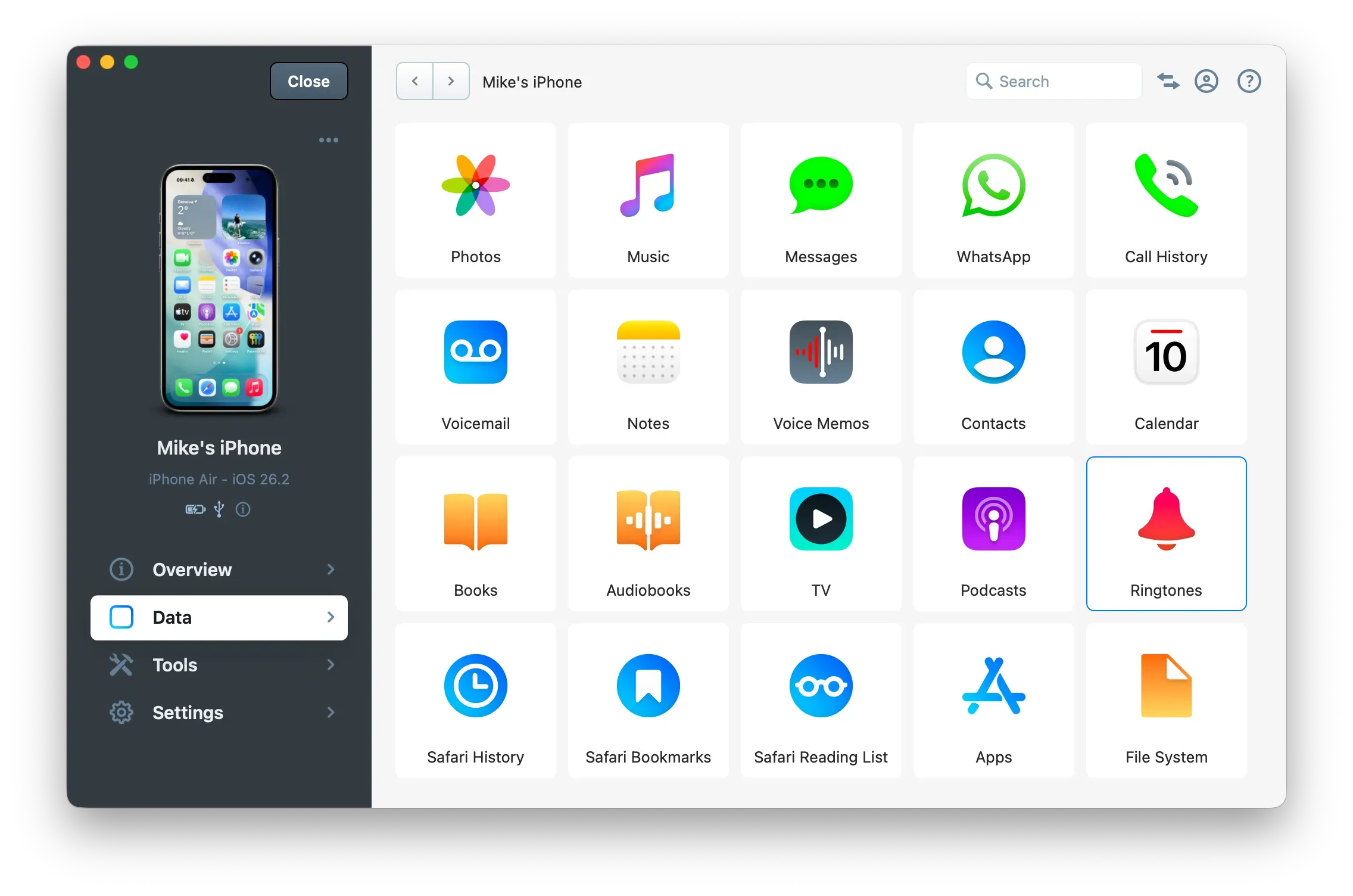 iMazing Data view with Ringtones selected