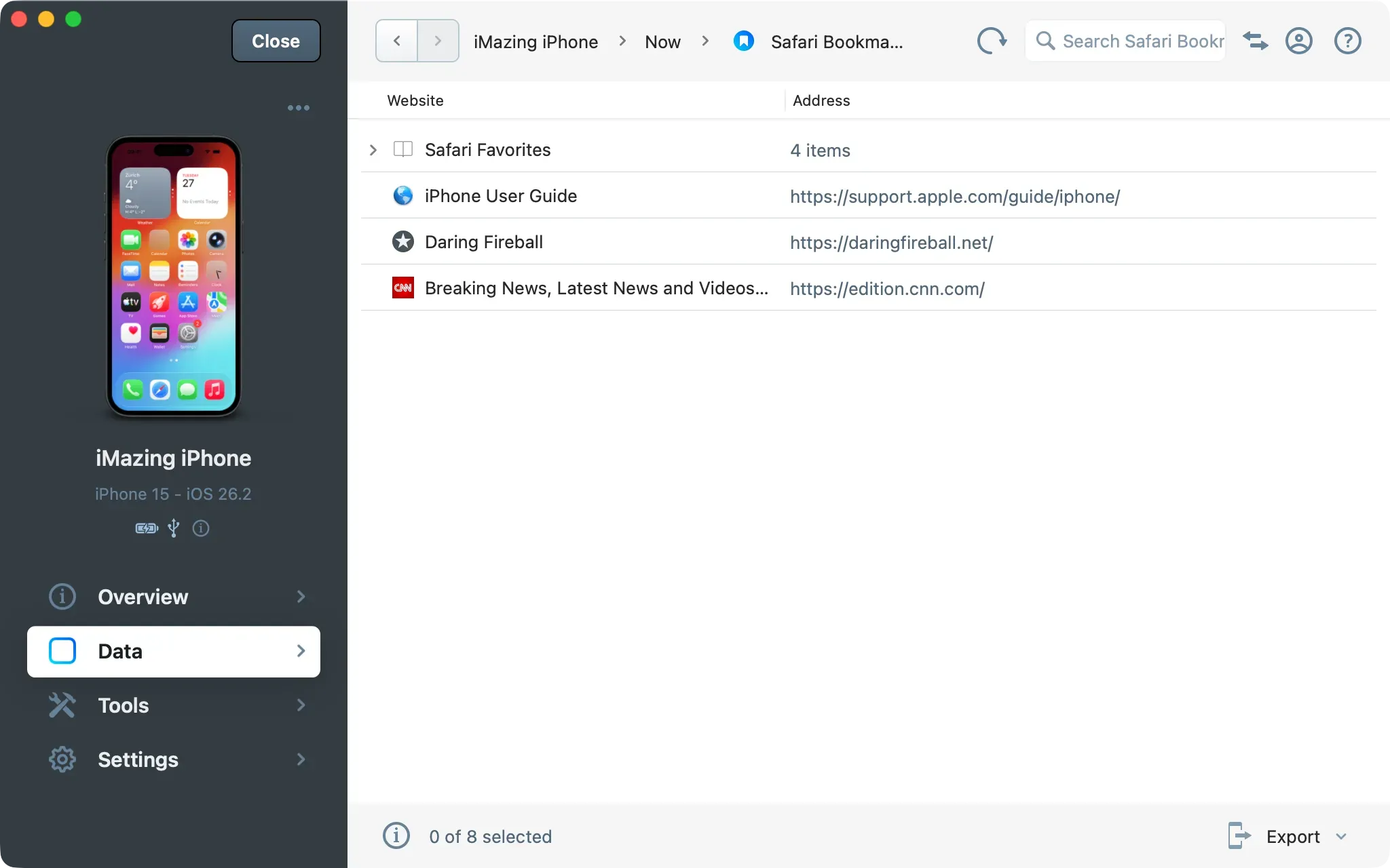 iMazing Safari Bookmarks view