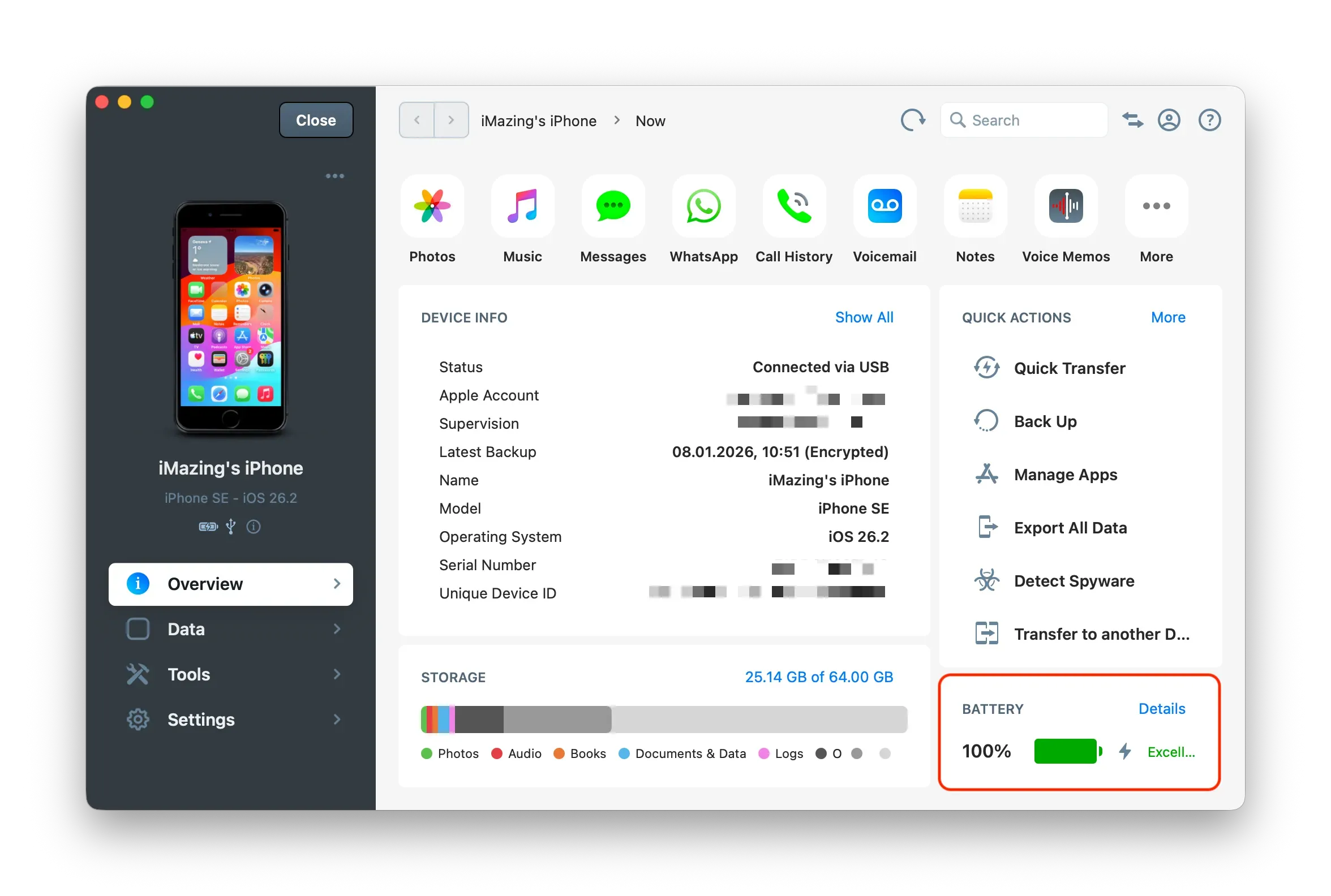 iMazing device view with battery highlighted