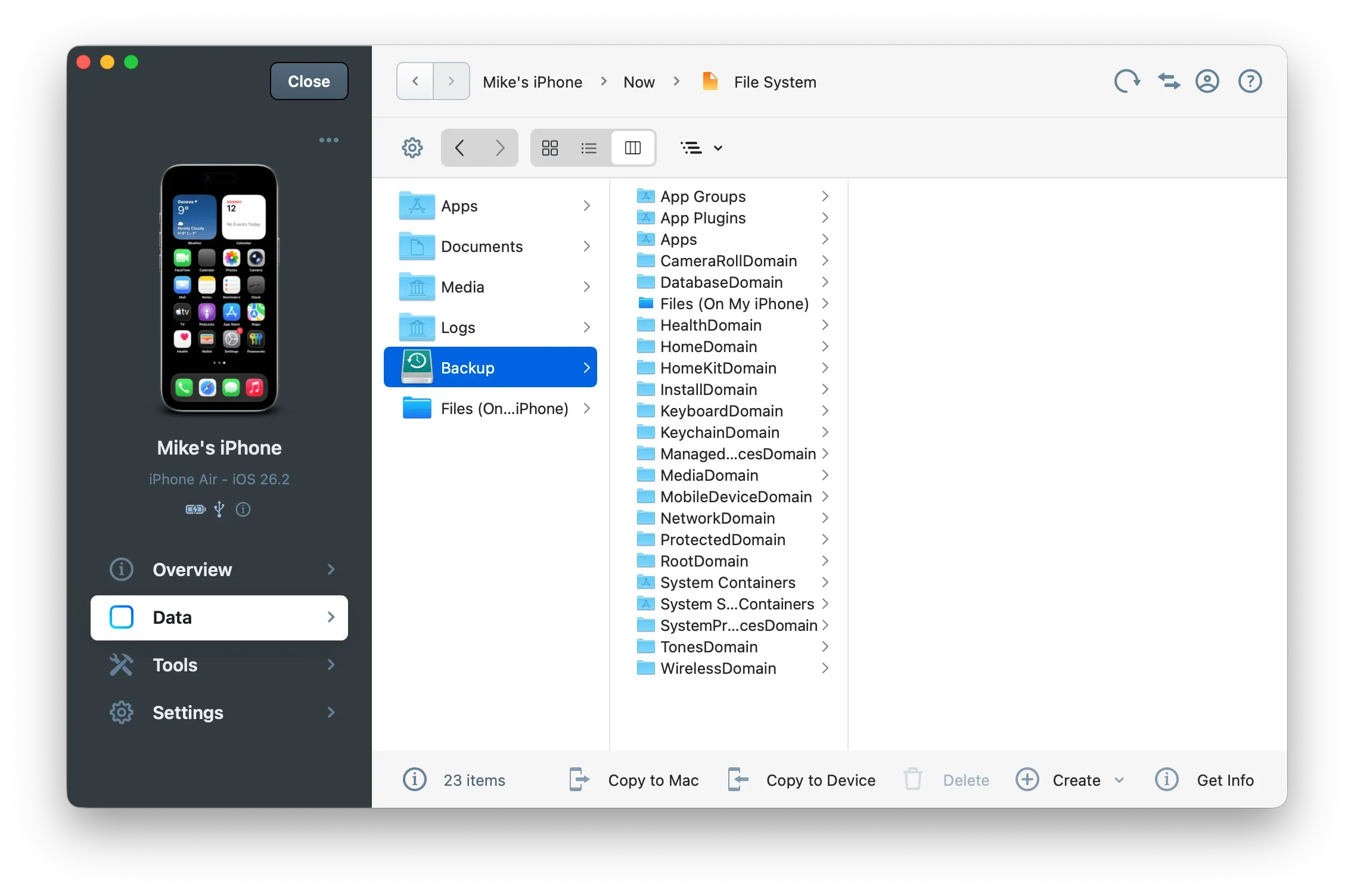 iMazing File System view with Backup folder selected