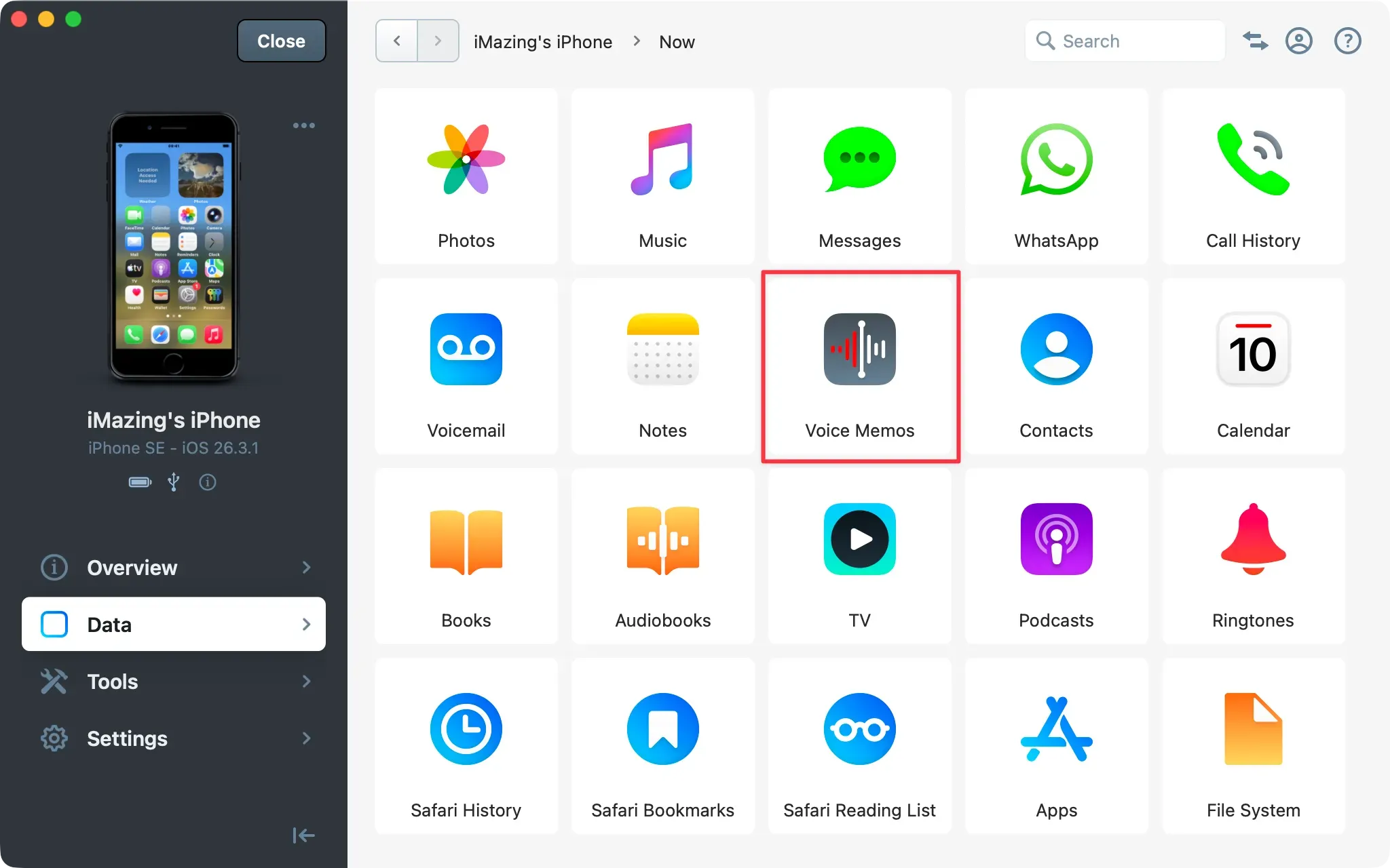 iMazing Datasets - Voice memo highlitghted