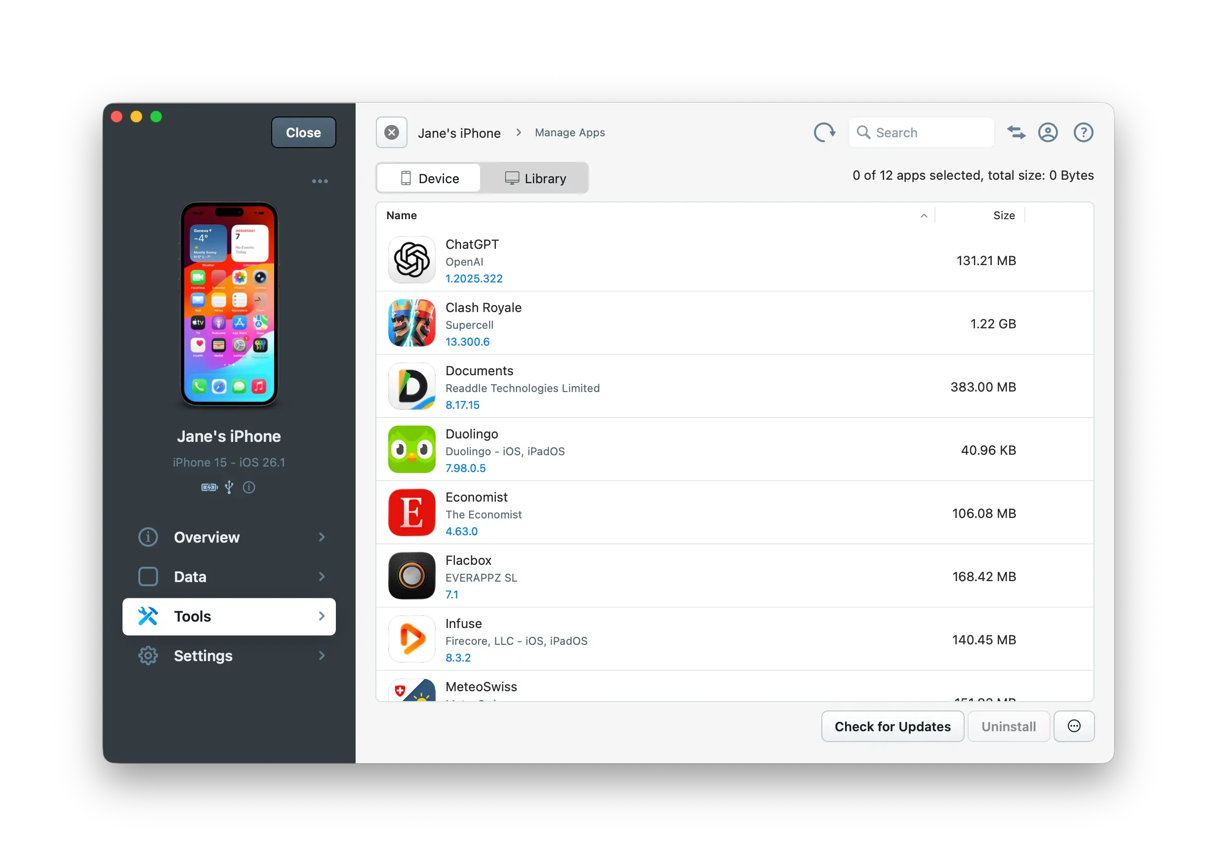 iMazing Manage Apps, Device View Apps List