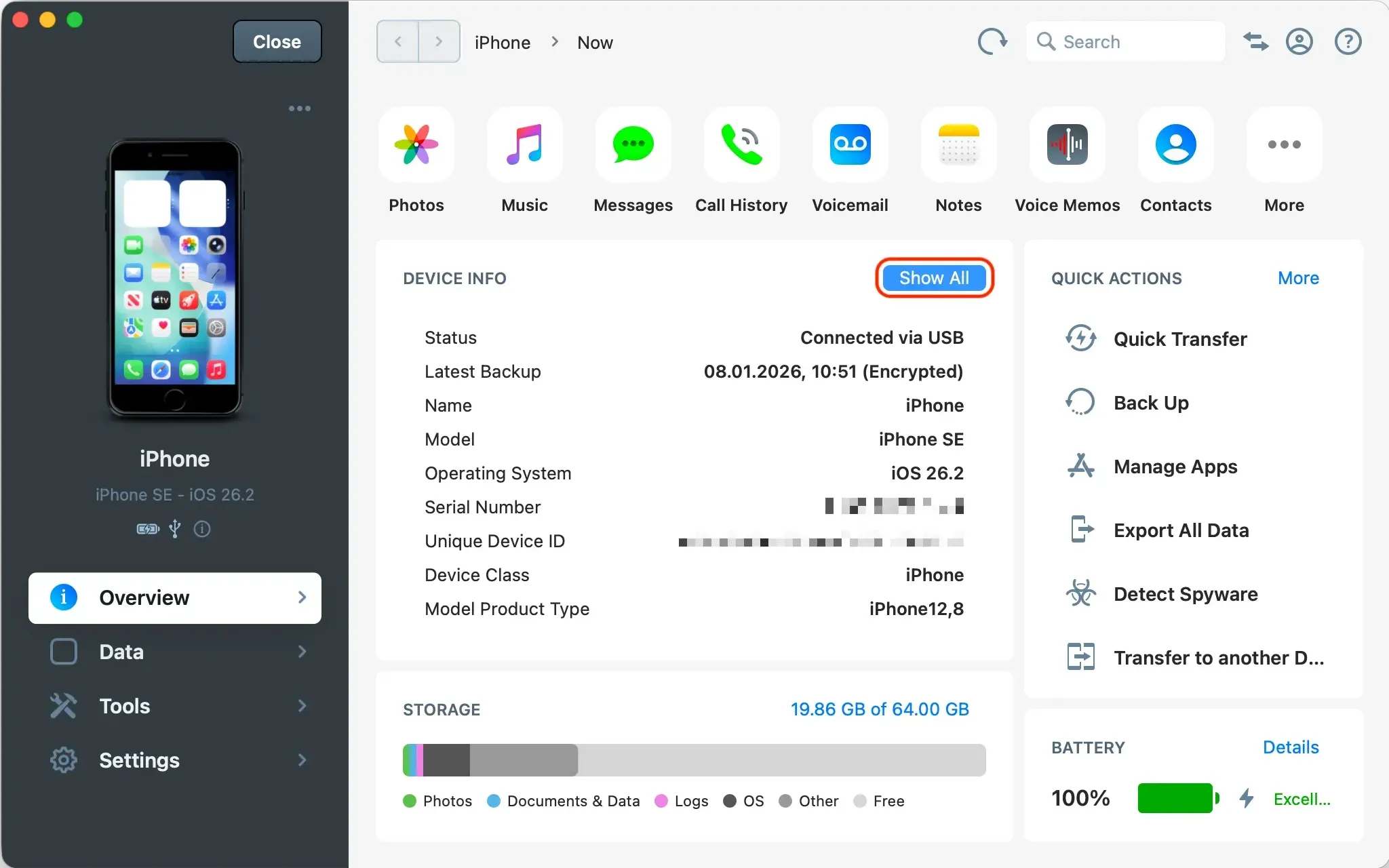 iMazing show device info highlighted