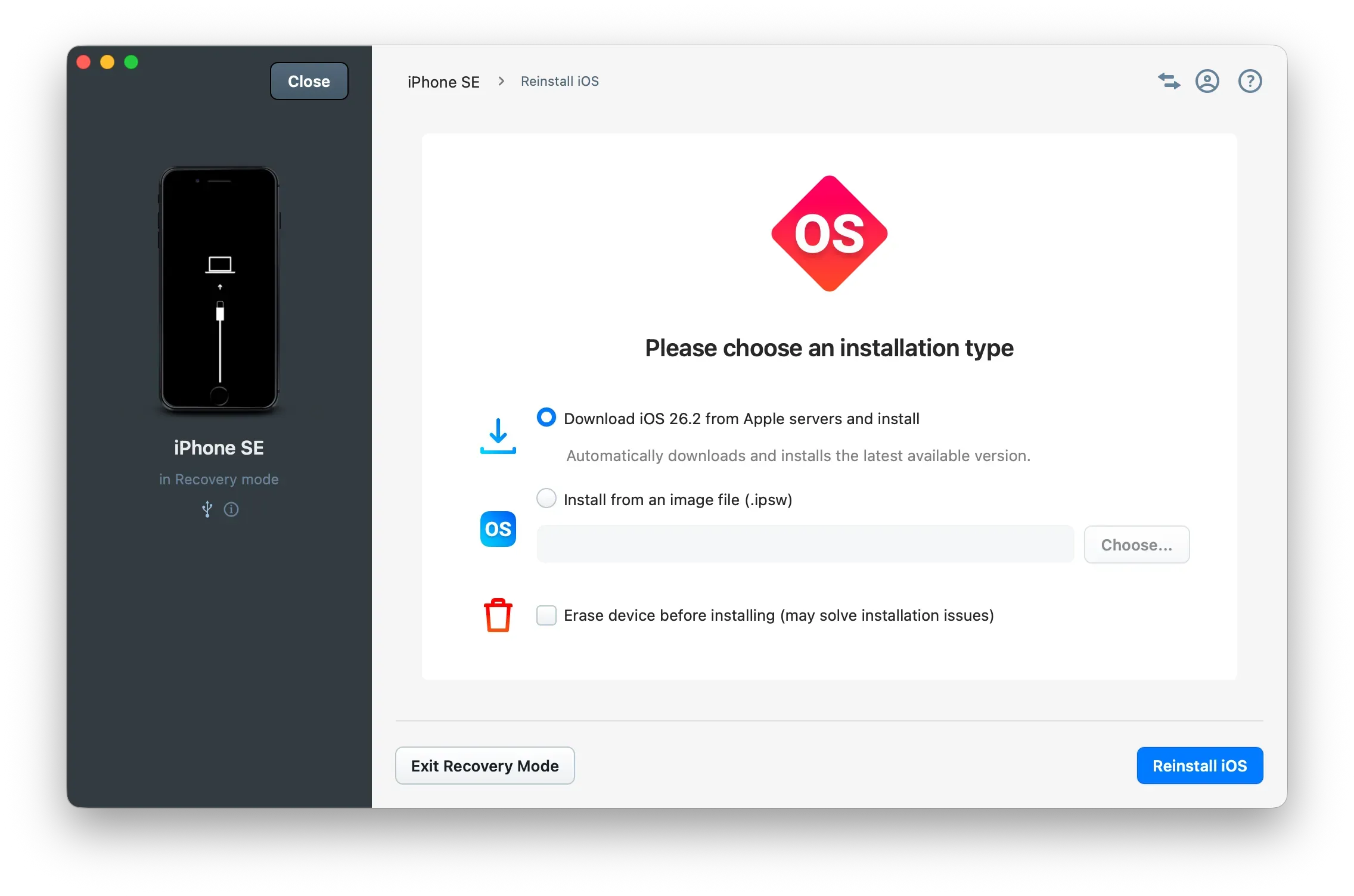 iMazing reinstall iOS screen with device in recovery mode