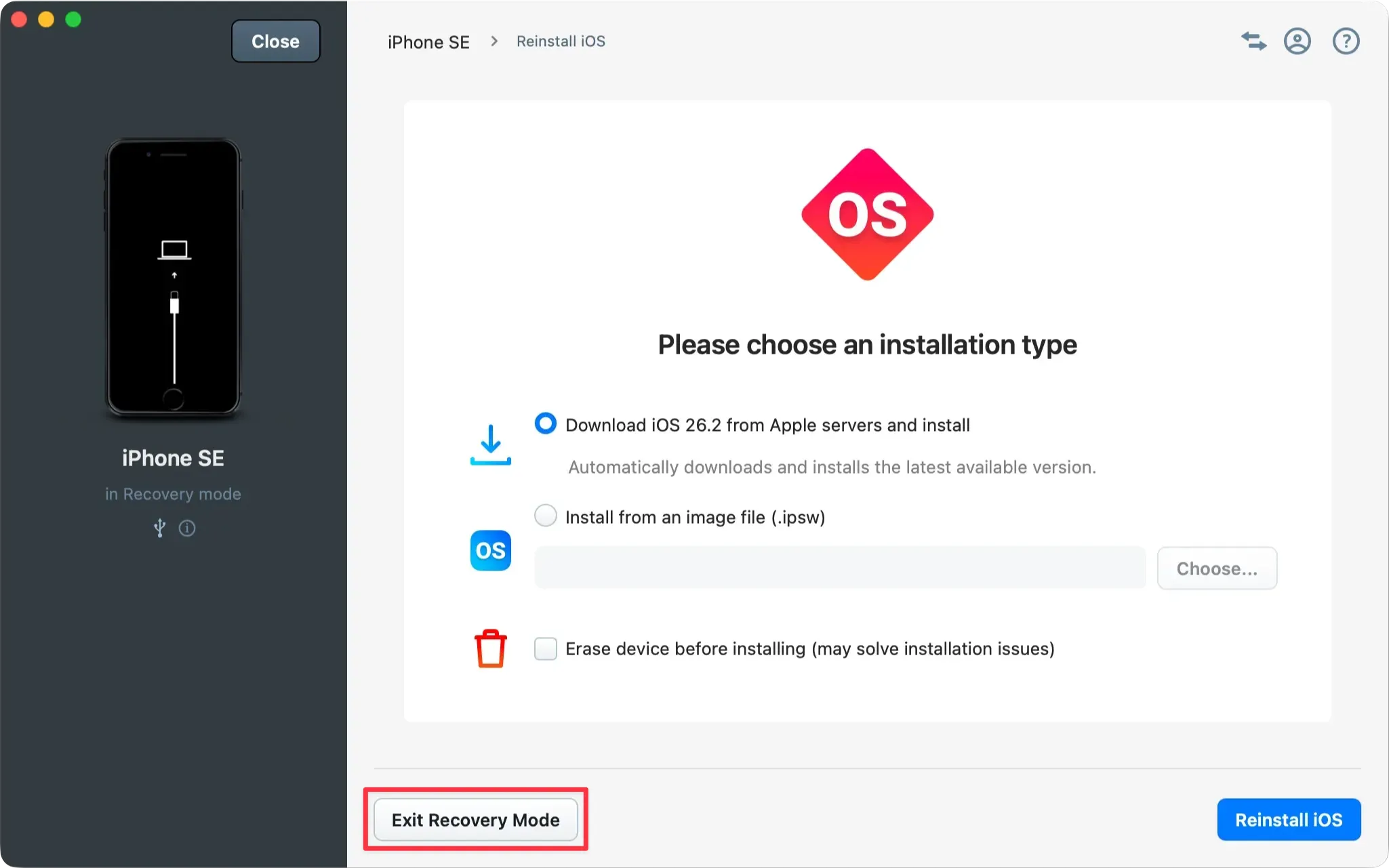 iMazing reinstall screen with Exit recovery mode highlighted