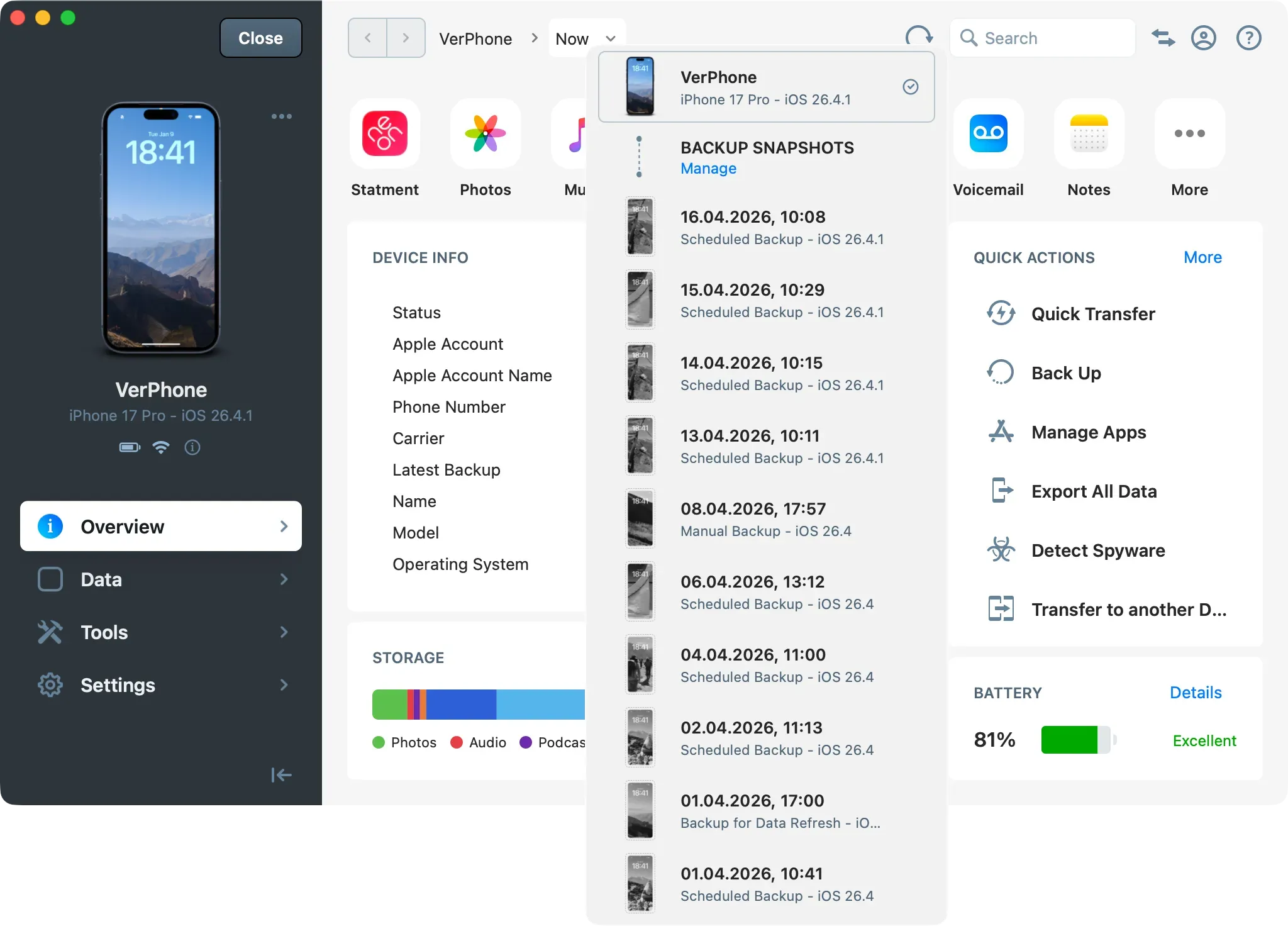 iMazing Device Screen with Backup Snapshots dropdown open, showing multiple backups for an iPhone.