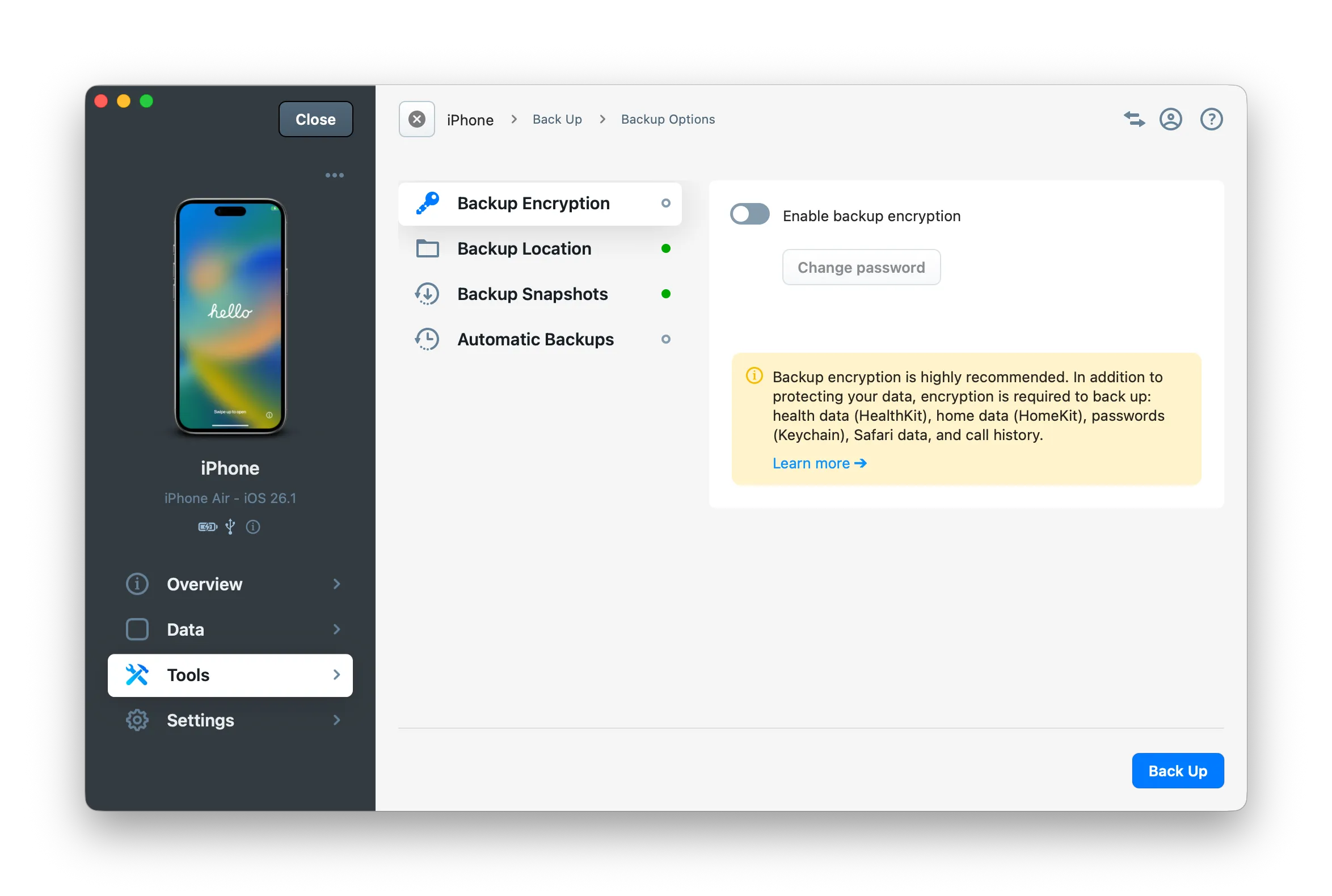 iMazing Backup options screen