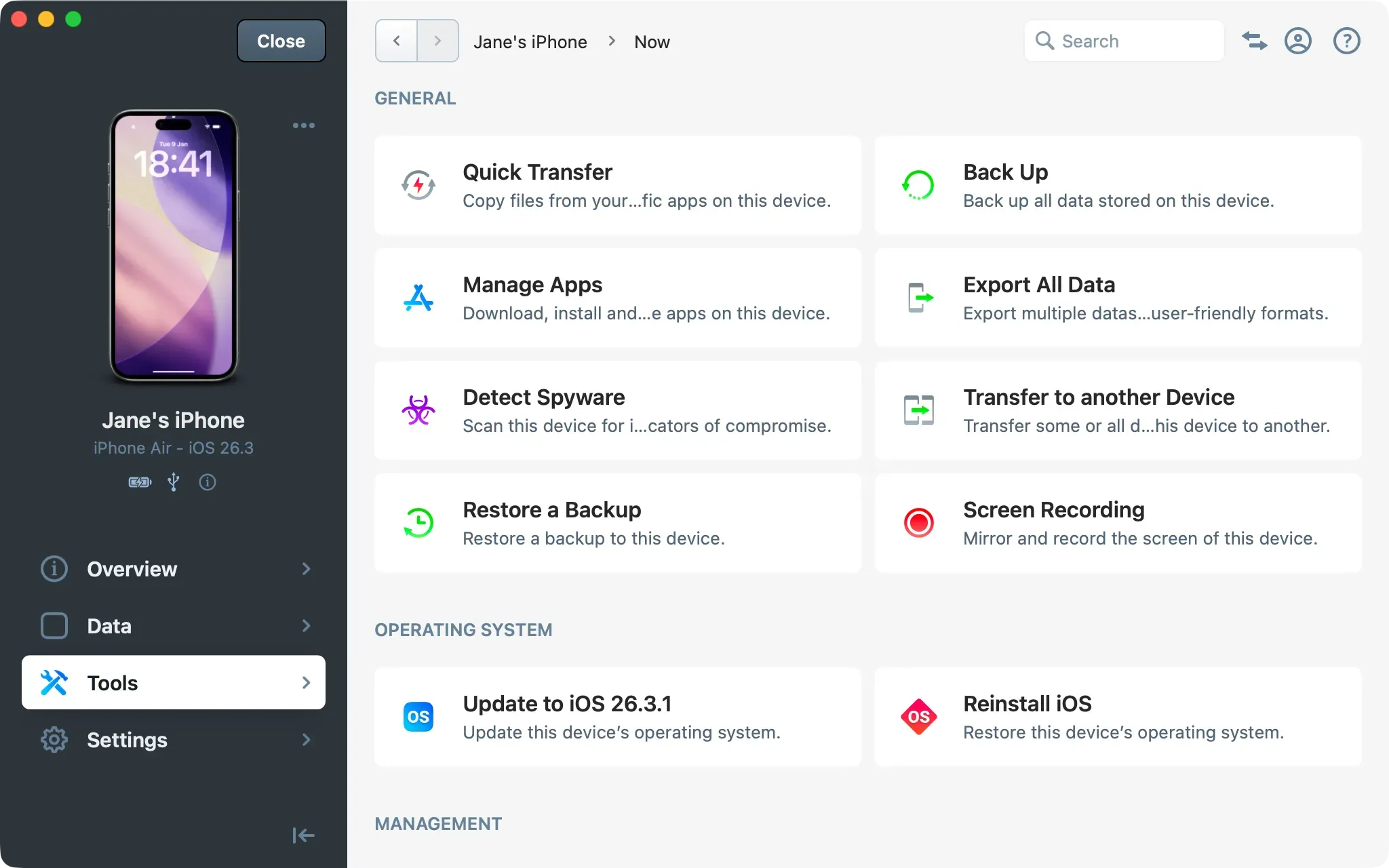 iMazing device tools view