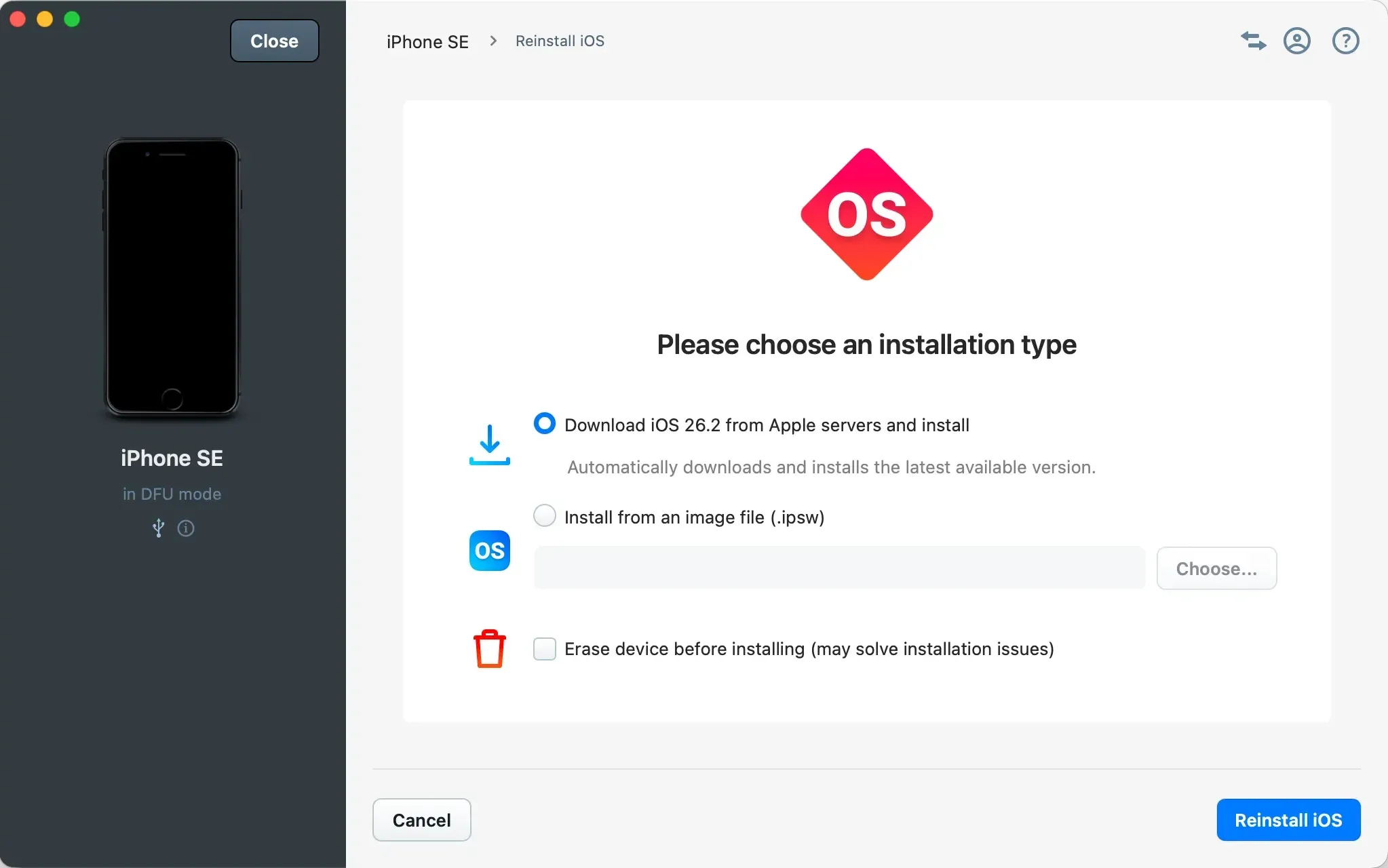 iMazing reinstall iOS for a device in DFU mode